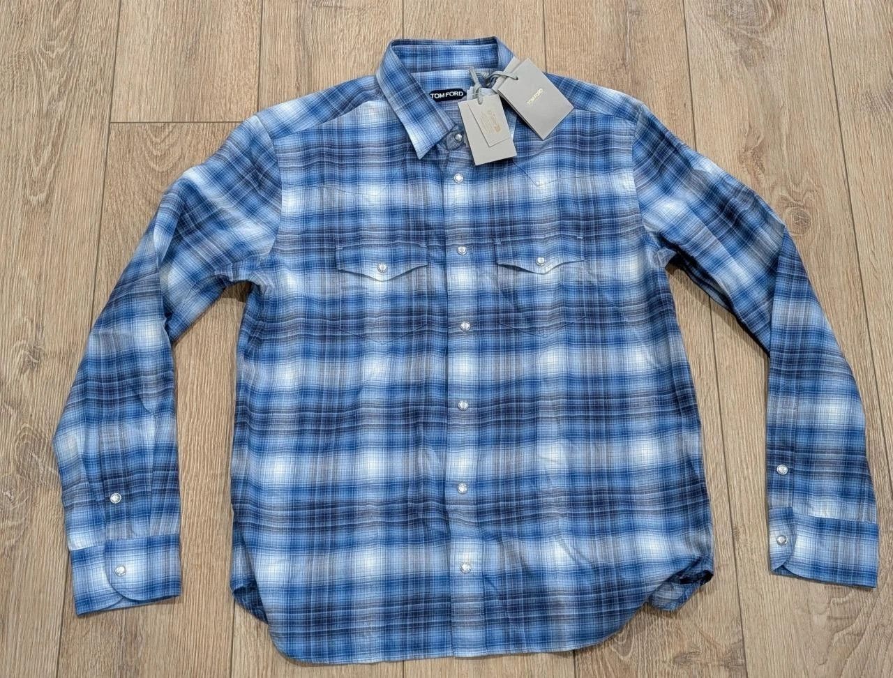 Tom Ford TOM FORD Defused Check Snap-Up Western Shirt Light Blue 42 Size US L / EU 52-54 / 3 - 1 Thumbnail