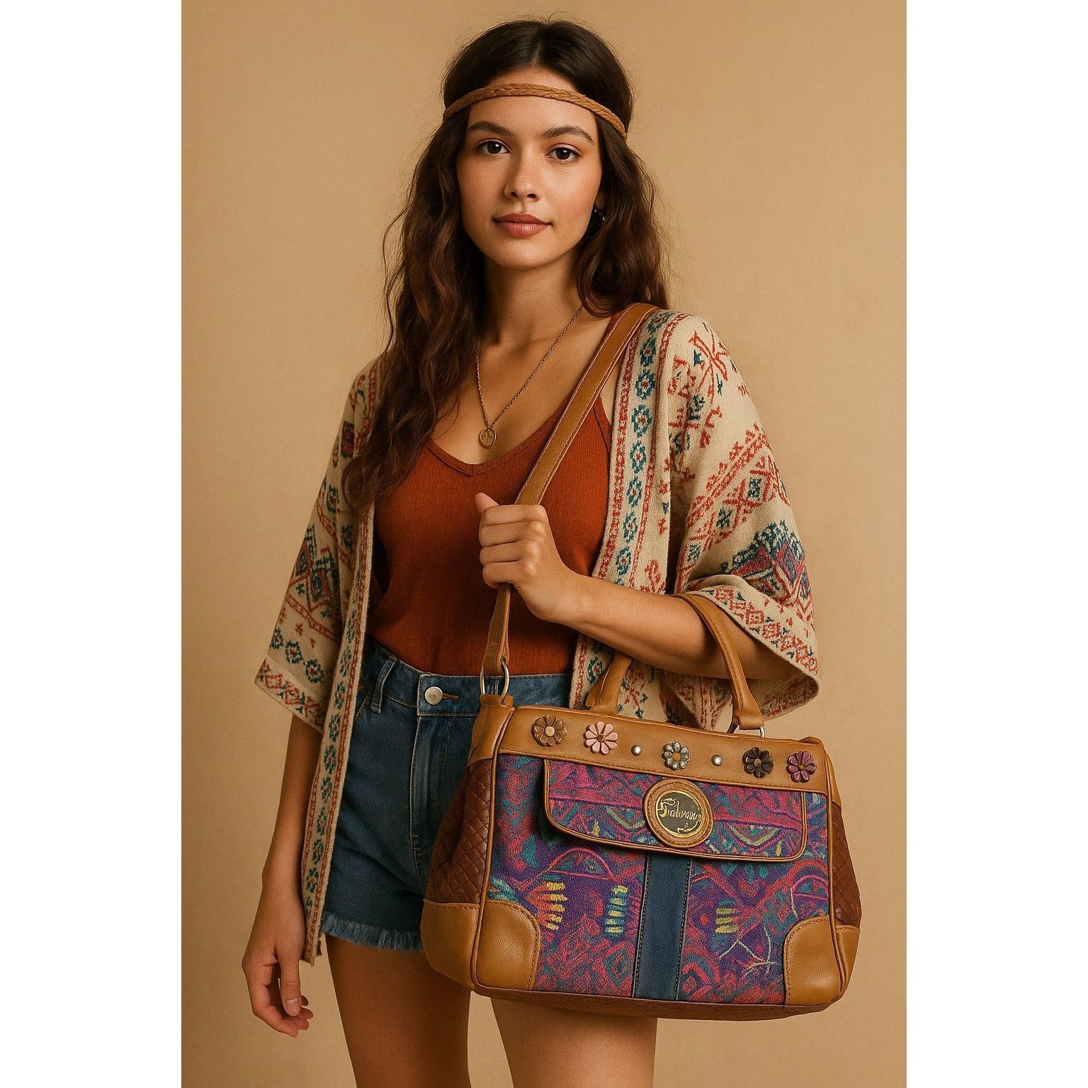 Boho Chic Multicolor Tapestry Handbag Falami Floral Accent
