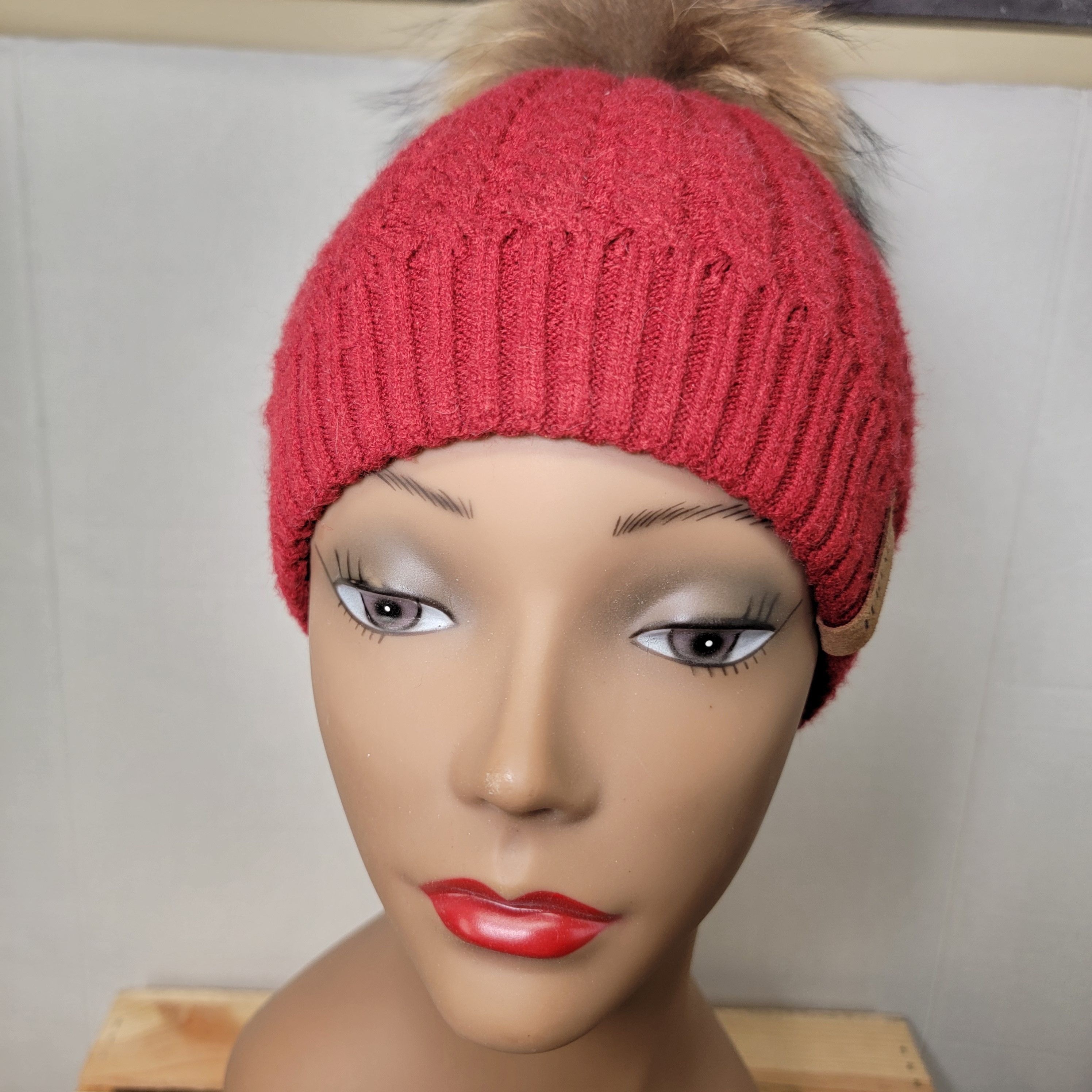 Other Furtalk Knit Maroon Beanie w/ Faux Fur Pom Pom Size ONE SIZE - 2 Thumbnail