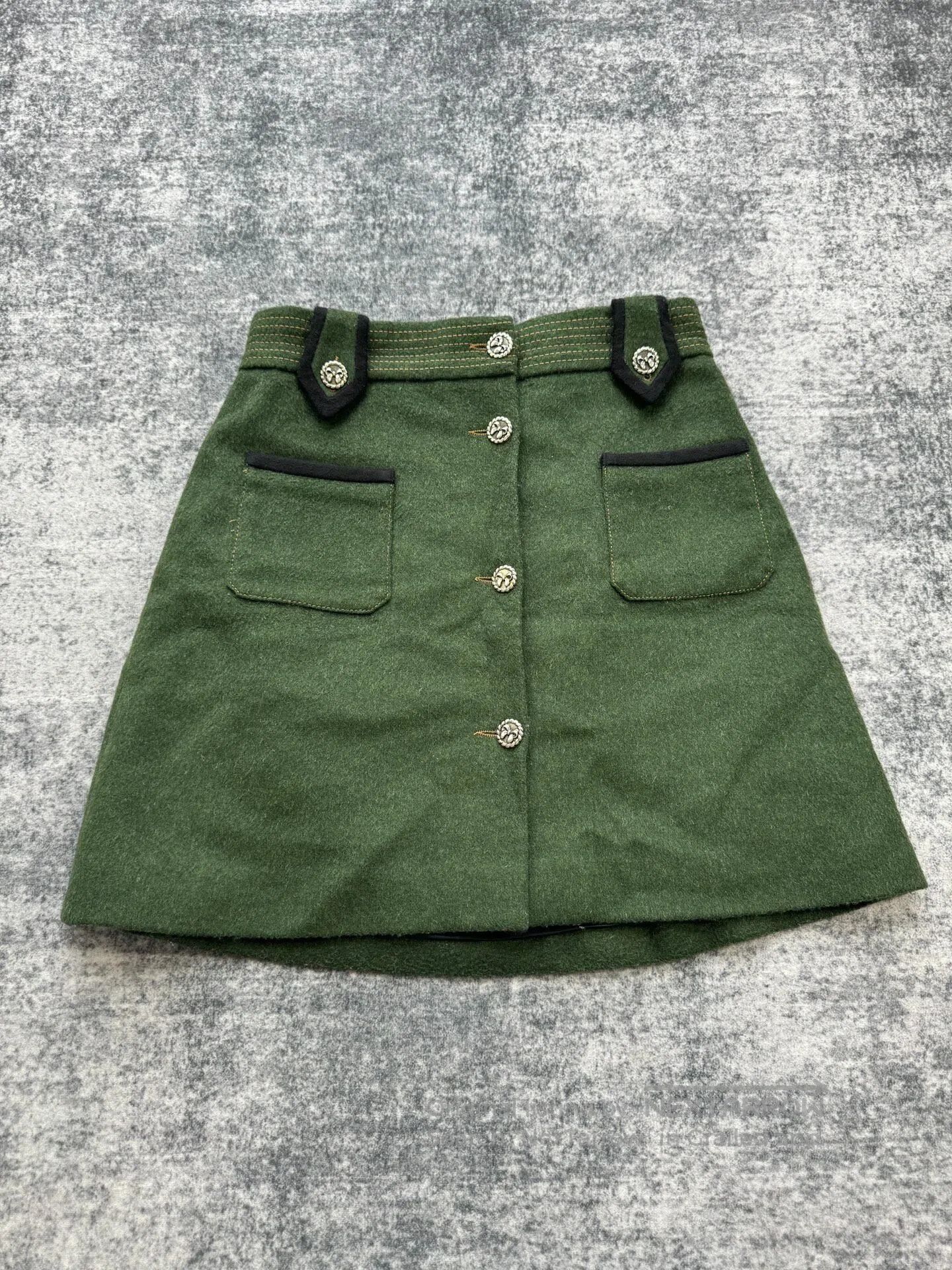 Miu Miu Miu Miu Dark Green Bow Button Wool Skirt| Size 39" - 1 Thumbnail