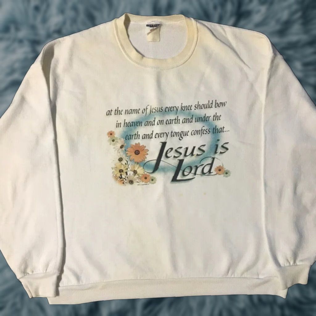 Jerzees VINTAGE Jesus Is Lord 90s Faded Distressed Sweatshirt XXL White Men Pullover Sweatshirt Grunge Christian 2XL Size US XXL / EU 58 / 5 - 1 Thumbnail