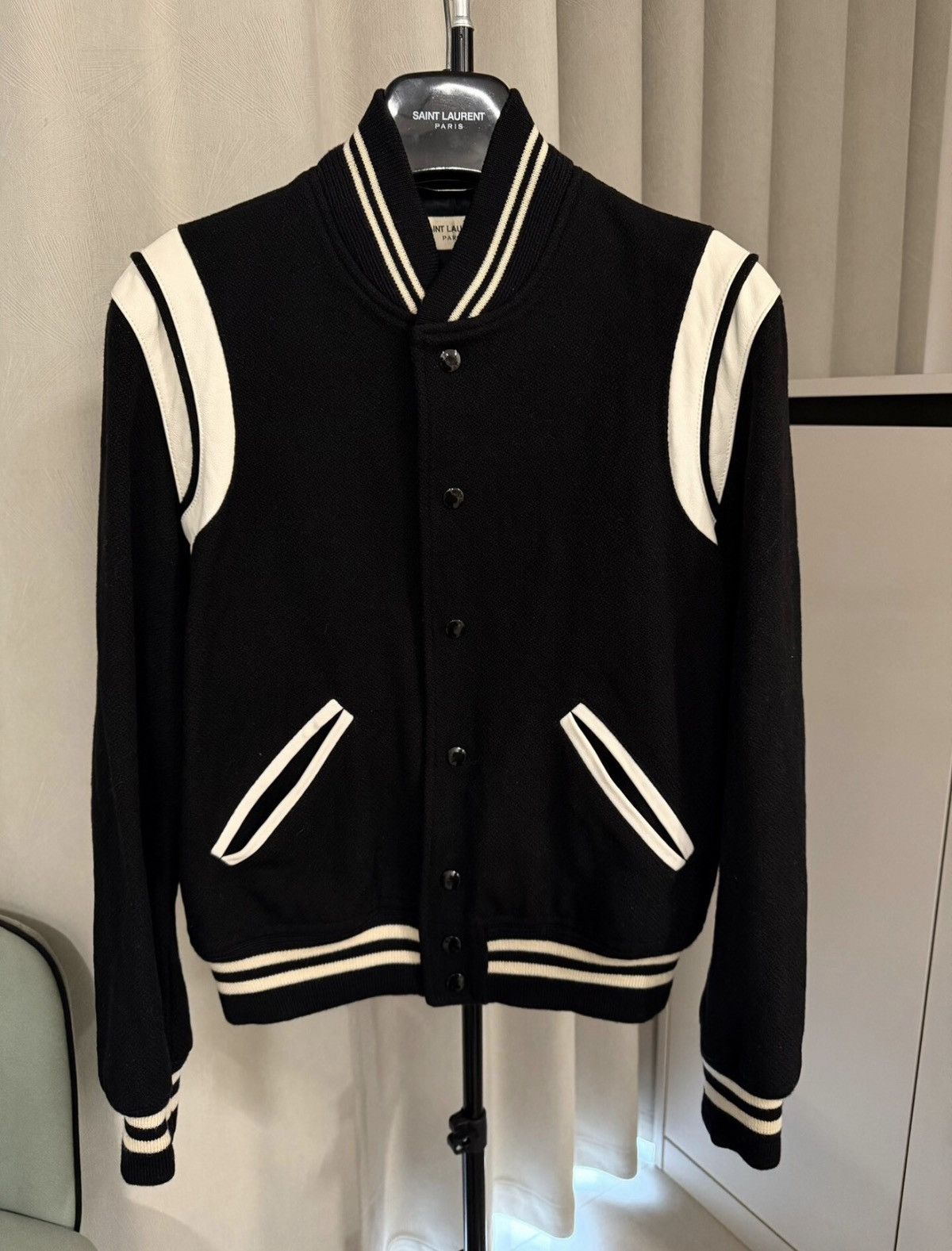 Saint Laurent Paris Saint Laurent 2017FW Black & White Wool Teddy Varsity Jacket Size US M / EU 48-50 / 2 - 1 Thumbnail
