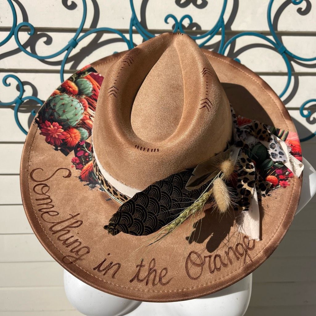 image of Handcrafted Hand Burned Hat | Wide Brim Hat | Branded Hat | Wildflowers in Tan, Women's