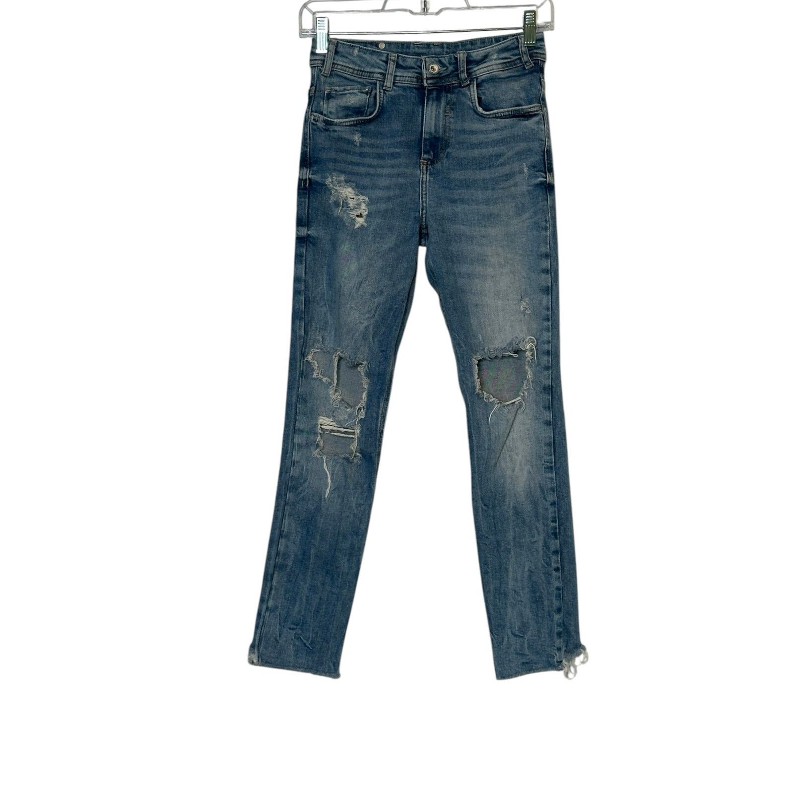 Zara Trafaluc Denimwear blue distressed straight leg jeans size 4 Size 27" / US 4 / IT 40 - 9 Thumbnail