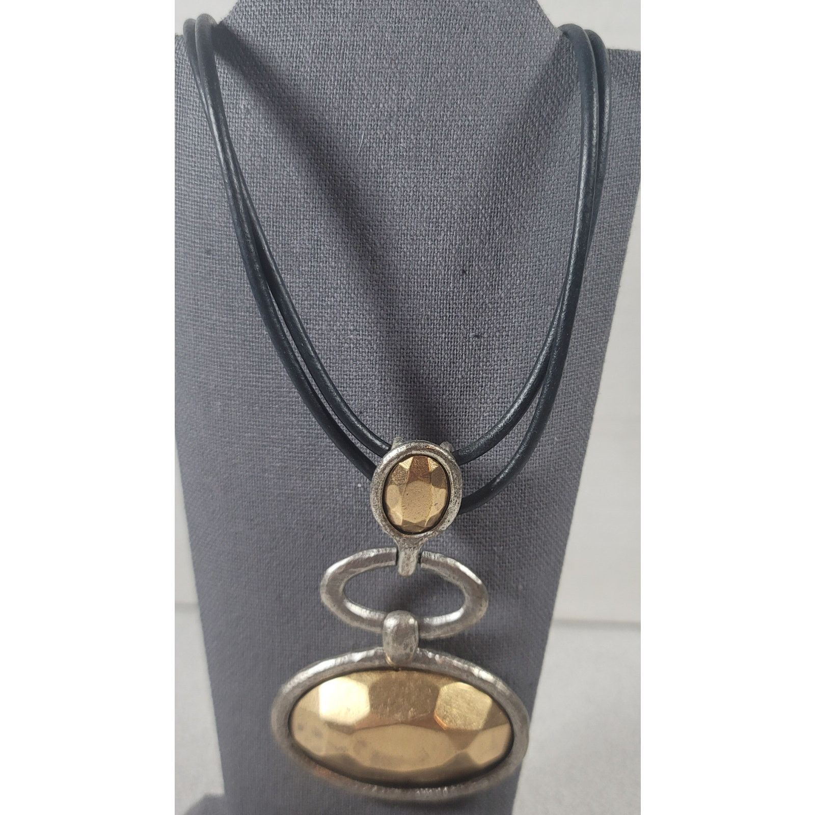 Other Black Leather Brass Silver 3 Tiered Oval 13" Necklace Boho Size ONE SIZE - 1 Thumbnail