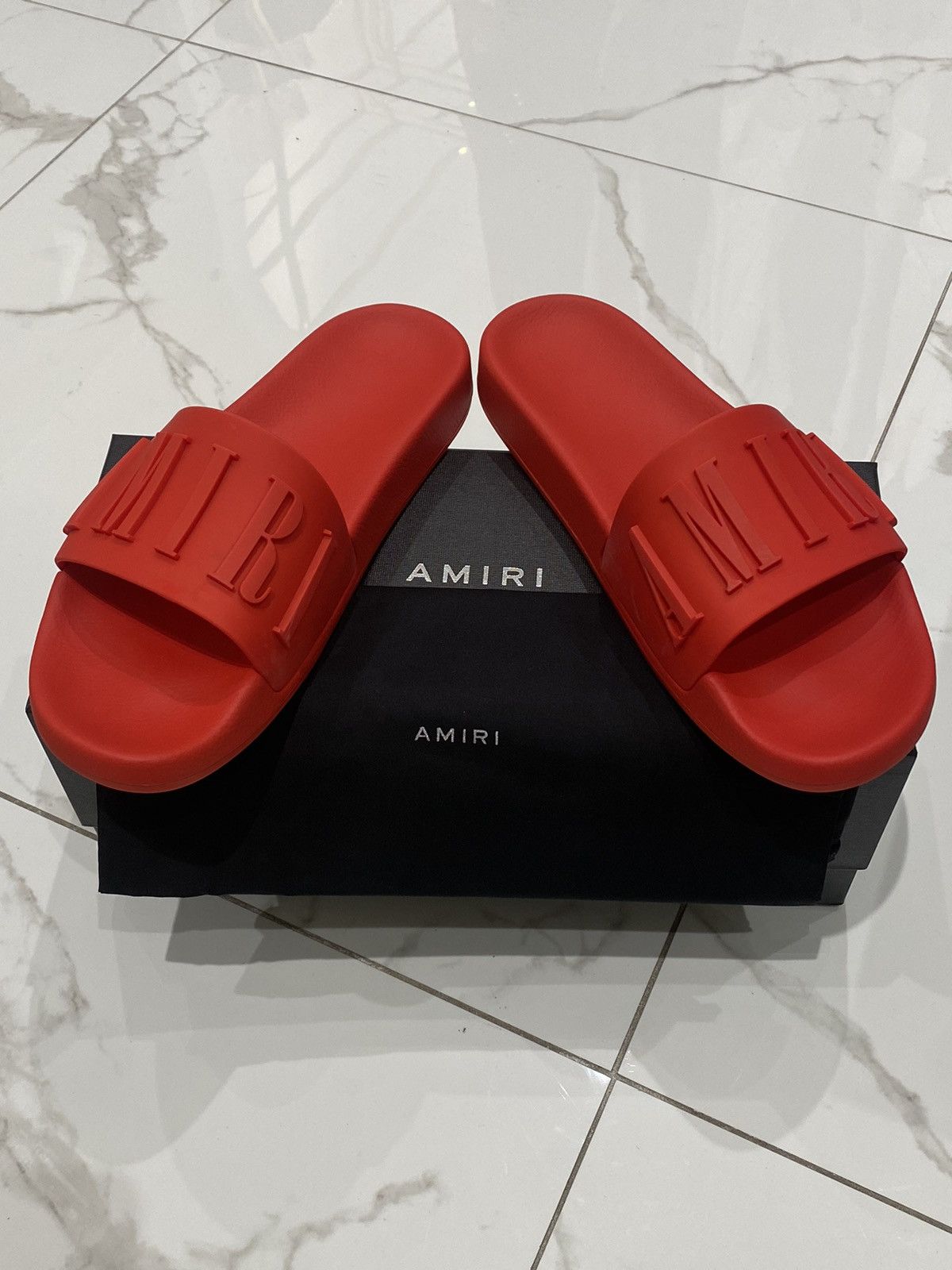 Amiri Amiri Embossed Logo Red Pool Rubber Slides | Grailed