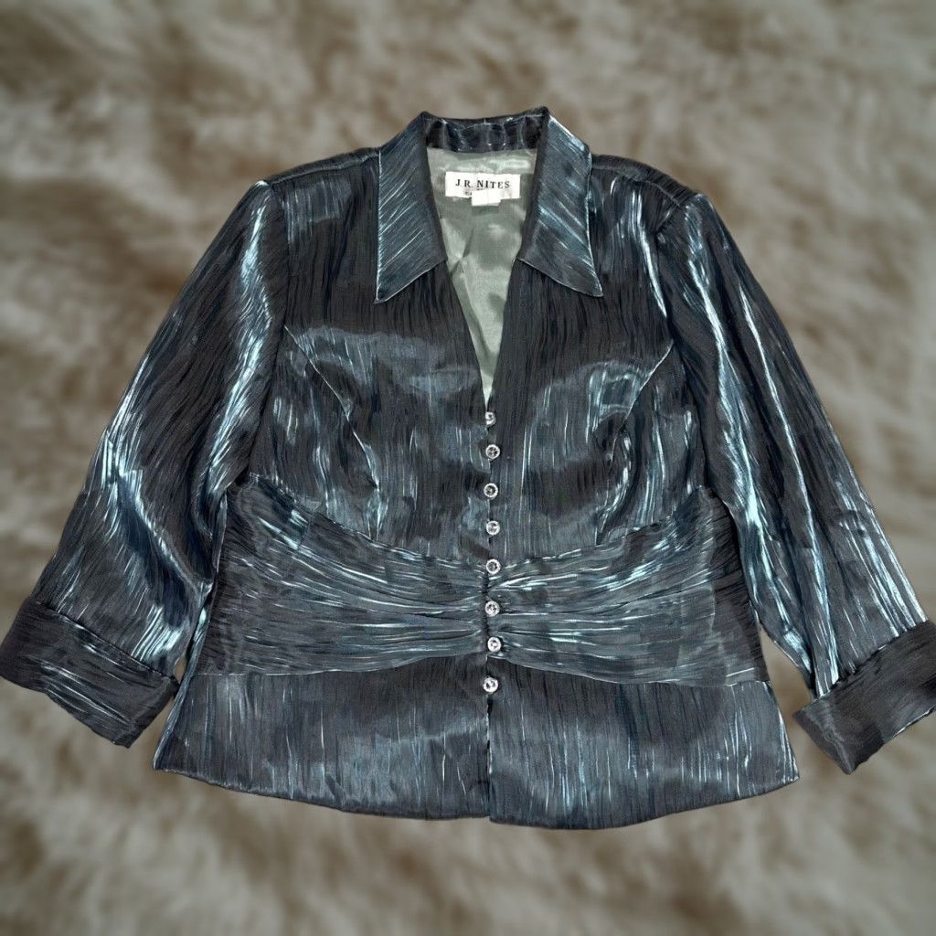 Vintage JR Nites Blouse 3/4 Sleeve Button Front Blue 14 Vtg Nites by Caliendo Women XS? Size XL / US 12-14 / IT 48-50 - 1 Thumbnail