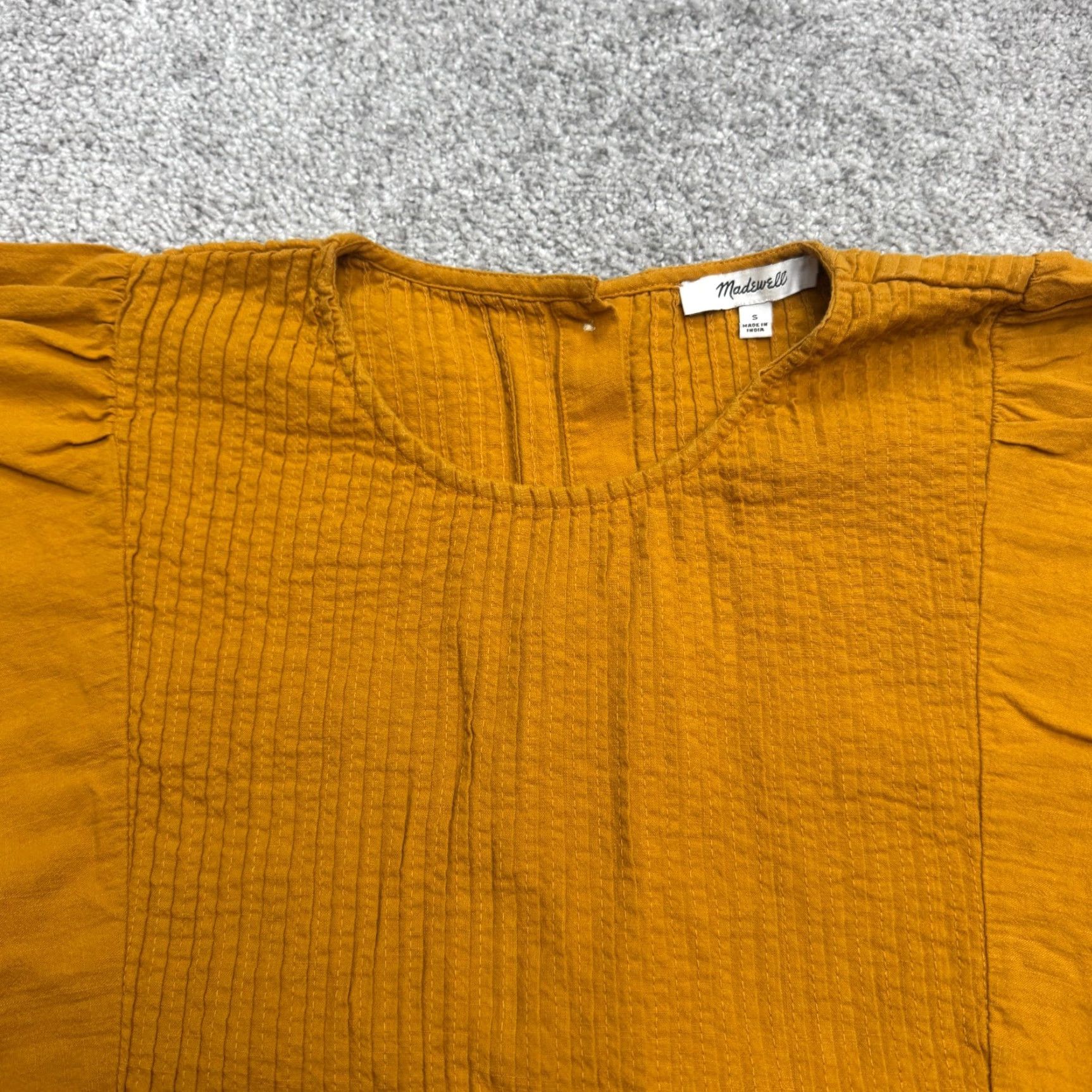 Madewell MADewell Pleated Peplum Top Blouse Women S Mustard Yellow 100% Cotton Bohemian Classic Short Sleeve Casual Stretch Size S / US 4 / IT 40 - 4 Thumbnail