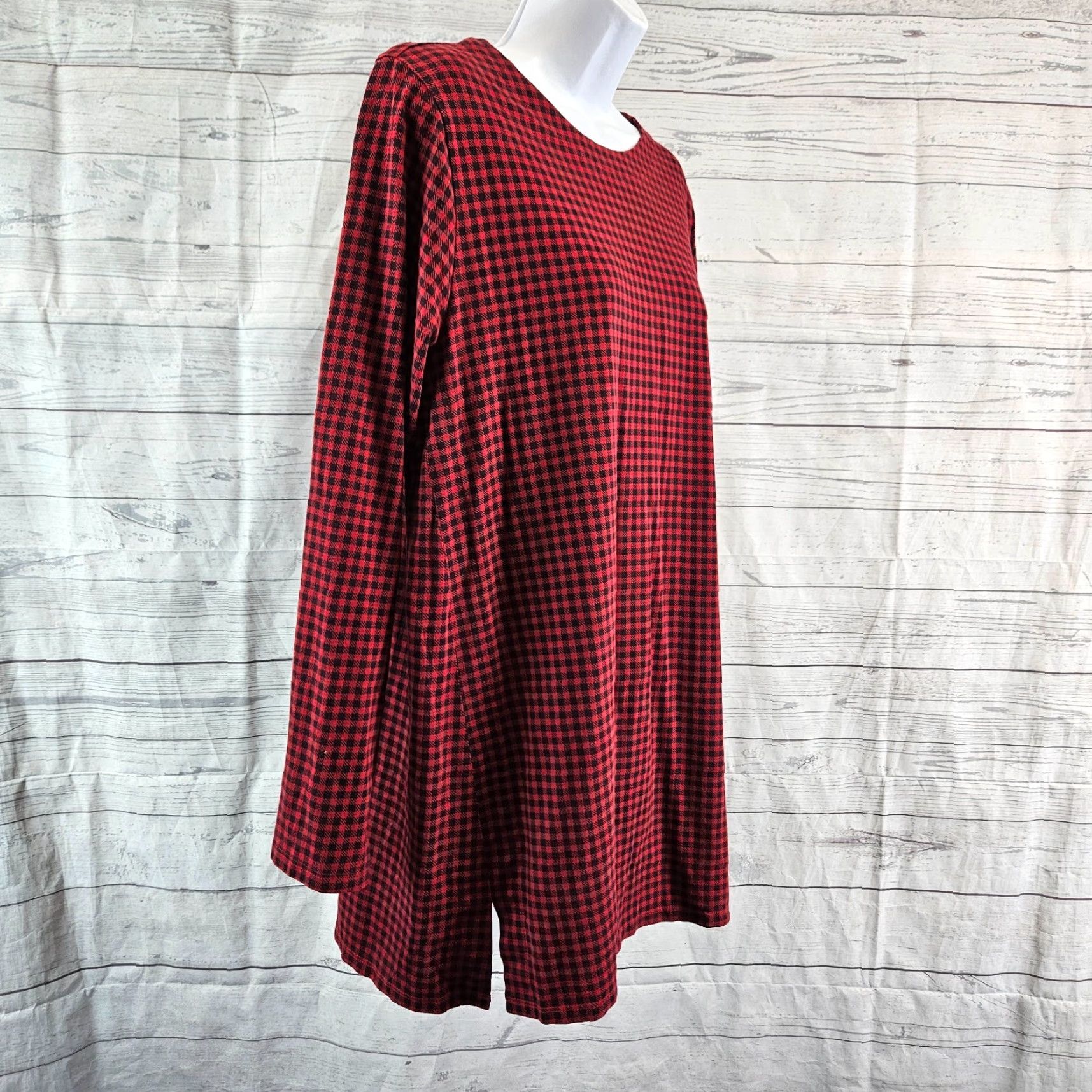 J. Jill J Jill Womens Tunic Blouse Luxe Supima Forward Seam Size Large Red Black Checkered Knit Cotton Blend Long Sleeve Round Neck"} Size L / US 10 / IT 46 - 3 Thumbnail