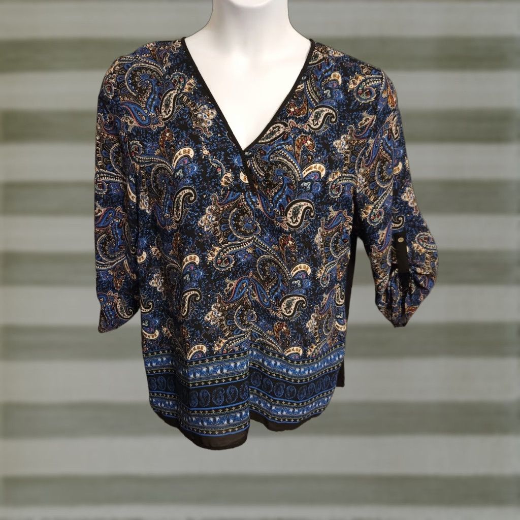 Vintage DR2 Blue Paisley Floral 3/4 Sleeve V-Neck Blouse XL Women Bohemian Shirt Size XL / US 12-14 / IT 48-50 - 1 Thumbnail
