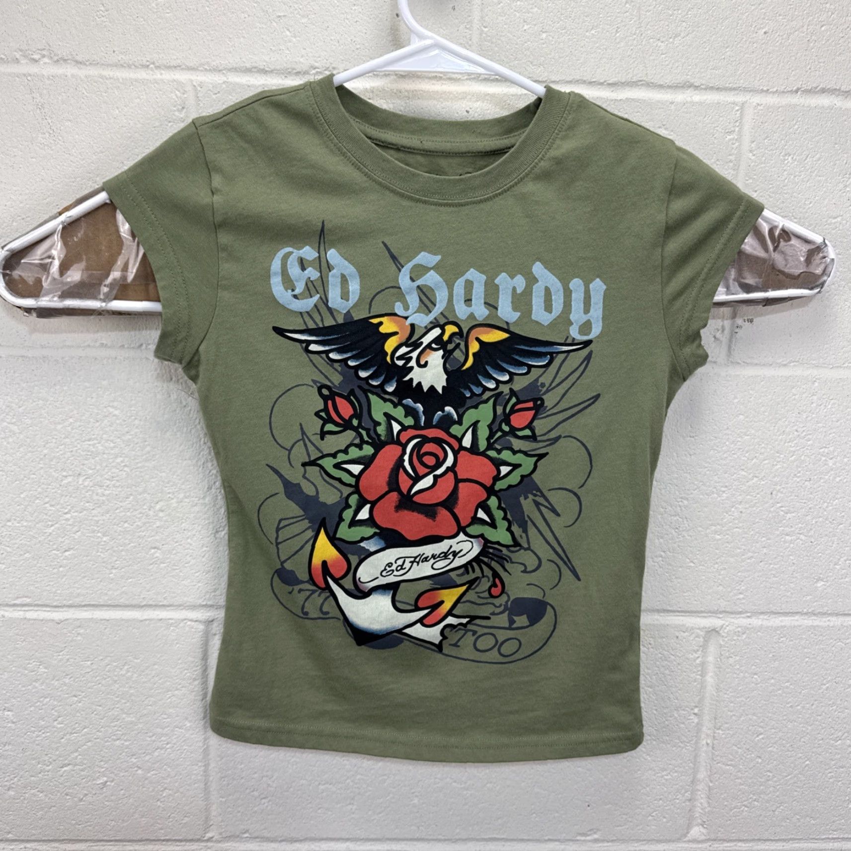 Ed Hardy VINTAGE Ed Hardy Eagle Tattoo Graphic Y2K Army Green Don Ed Hardy Women’s Small T-Shirt Cropped Short Sleeve Slim Fit Crew Neck Size S / US 4 / IT 40 - 2 Thumbnail