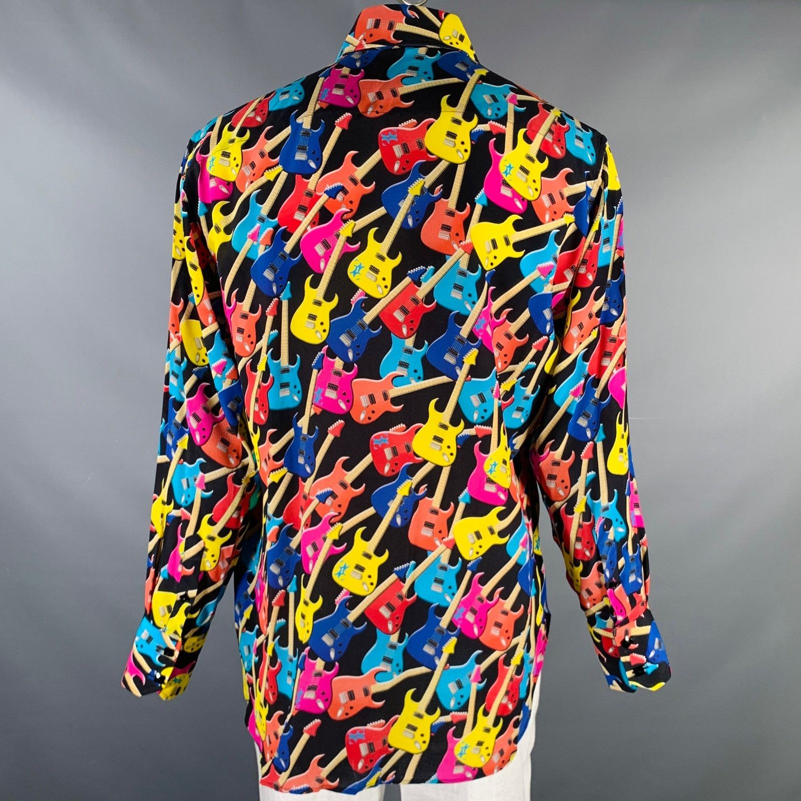 Billionaire Couture Size XL Black Multi Color Guitars Silk Long Sleeve Shirt Size US XL / EU 56 / 4 - 4 Thumbnail