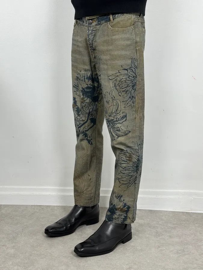 Roberto Cavalli 2000s Cavalli Grey Floral Denim Jeans Size US 31 - 2 Thumbnail
