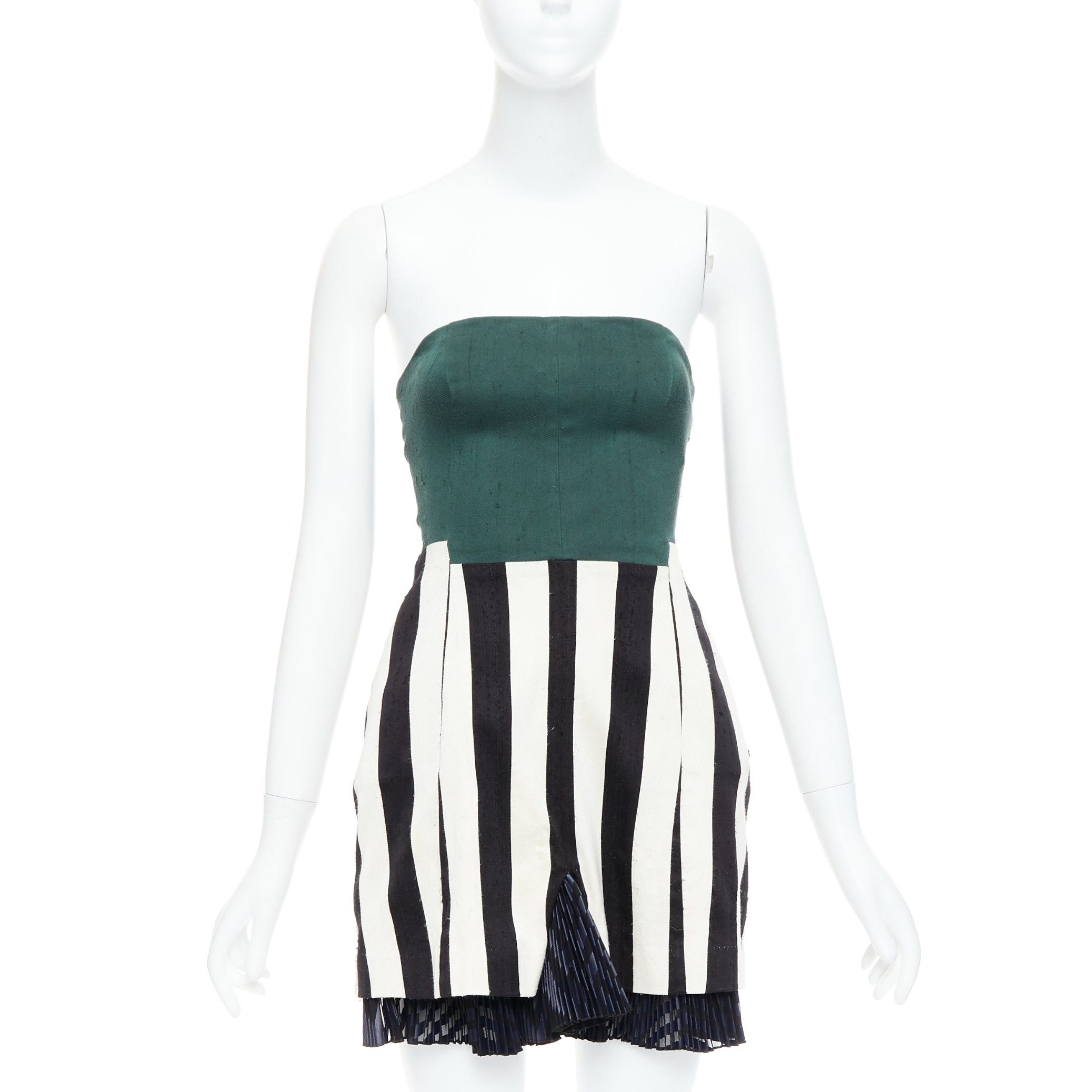 Toga TOGA ARCHIVES green black white silk blend striped strapless mini dress JP1 S Size S / US 4 / IT 40 - 1 Thumbnail