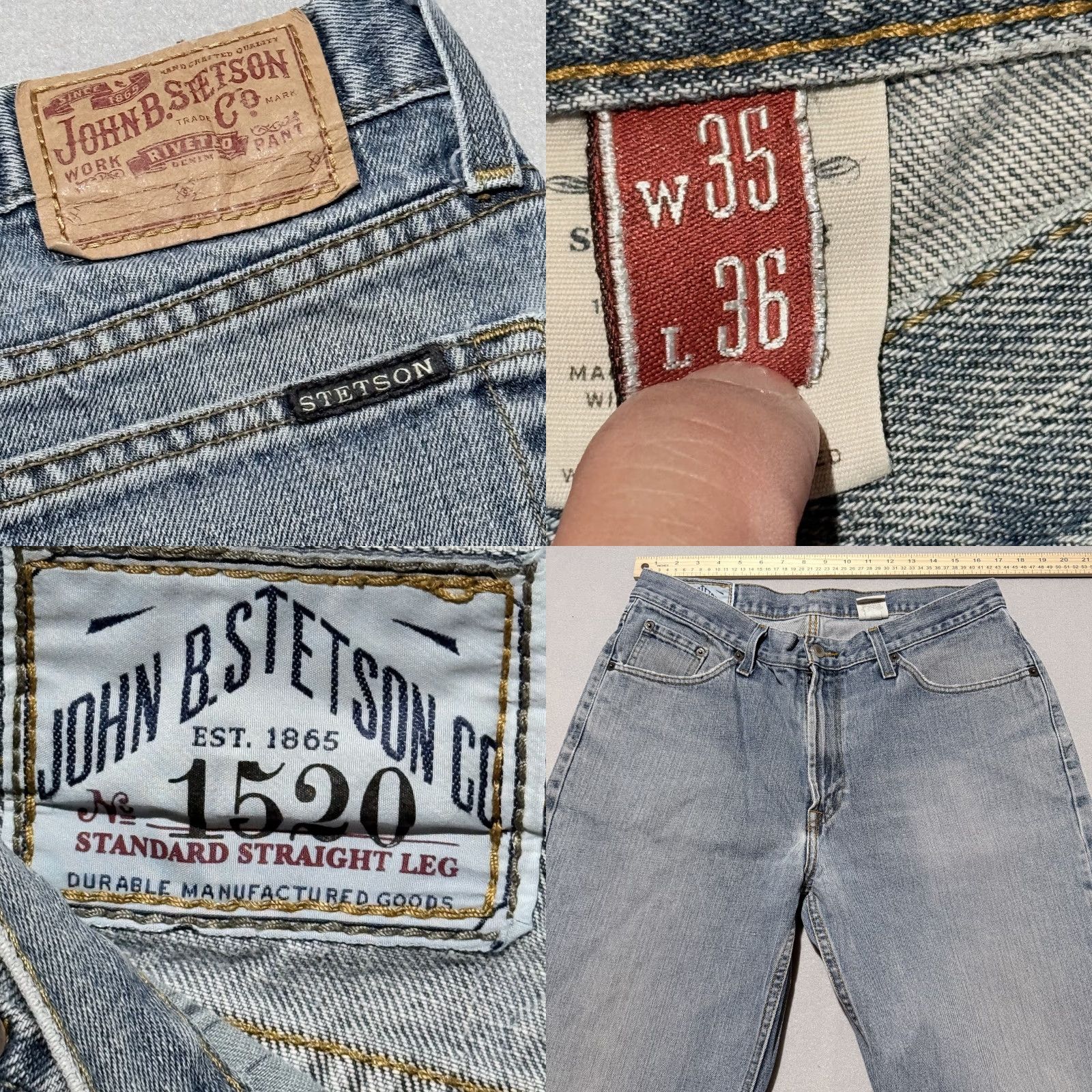 Stetson John B.Stetson Jeans Men Blue Denim Mid-Rise Straight Leg 5-Pocket Design 35X36 Pants Cowboy Western - Mens Size US 35 - 8 Thumbnail