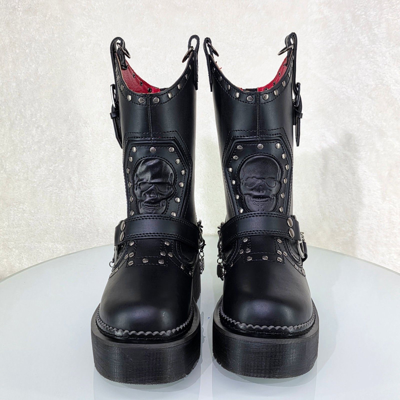 Other Rebel Goth Punk Engineer Western Mid Calf Boots Skull Chains Size US 7 / IT 37 - 8 Thumbnail