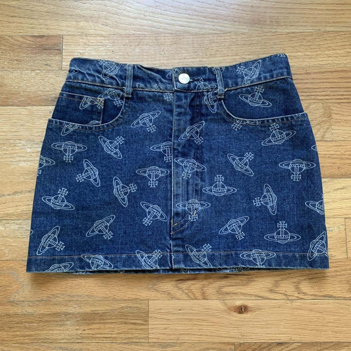 image of Vivienne Westwood Ss1985 Orb Monogram Denim Mini-Skirt in Blue, Women's (Size 30)