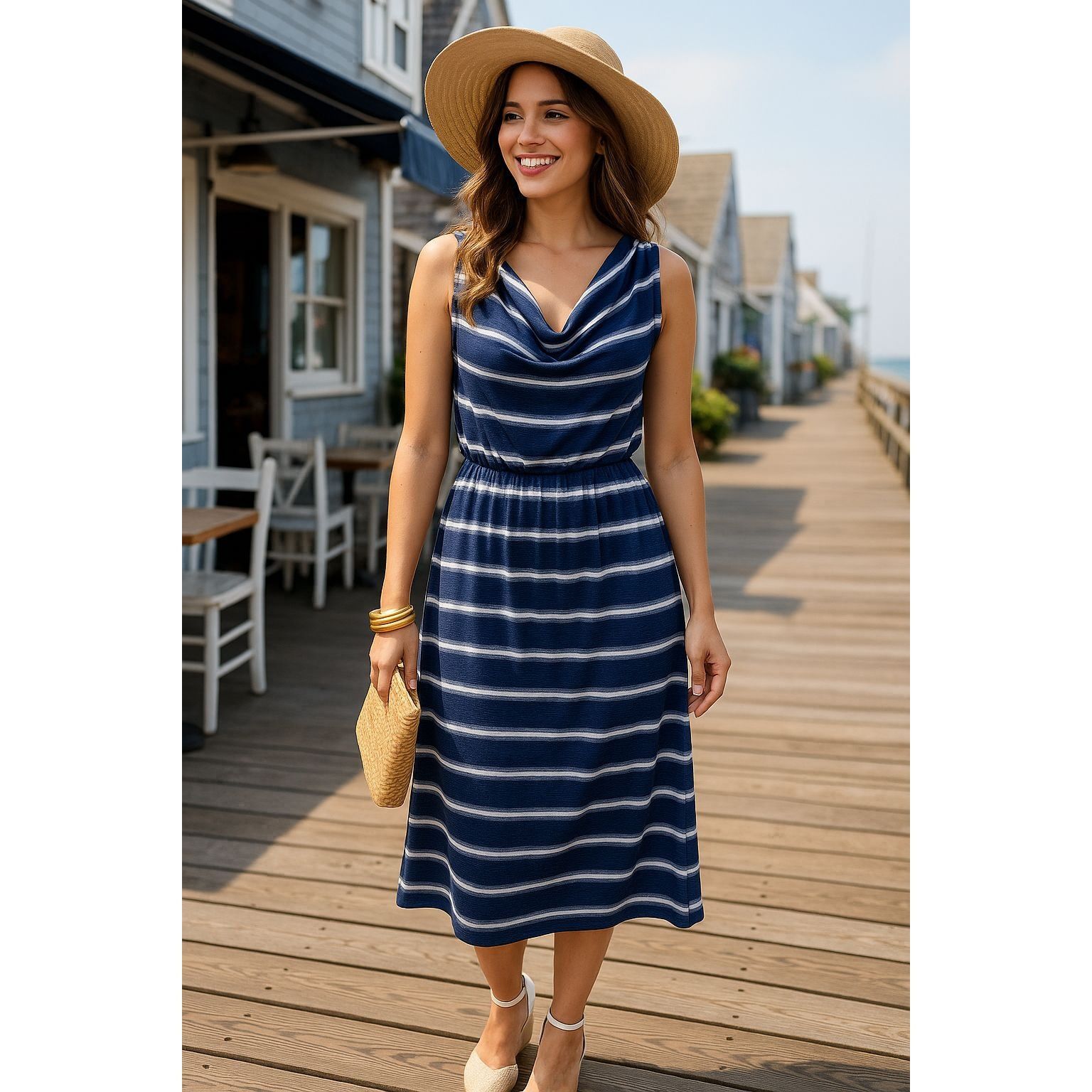 Other AB Studio XS Navy Striped Sleeveless Cowl Neck Dress Nautica Size XS / US 0-2 / IT 36-38 - 1 Thumbnail