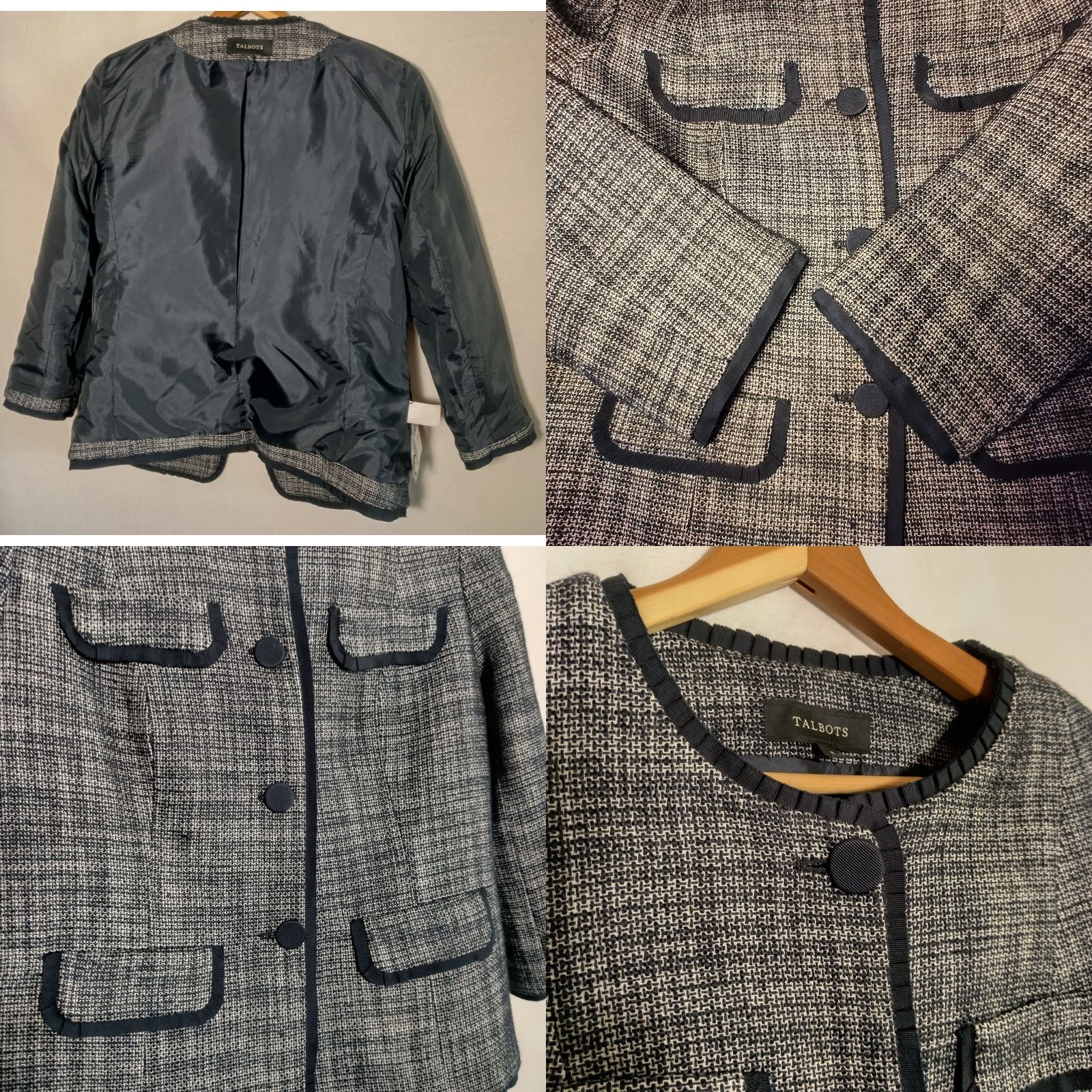 Talbots VINTAGE Talbots Blazer Jacket Women Size 8 Navy Blue Tweed Lined Buttoned Four-Button Ruffled Trim Professional Church Business 90s Women Size M / US 6-8 / IT 42-44 - 8 Thumbnail