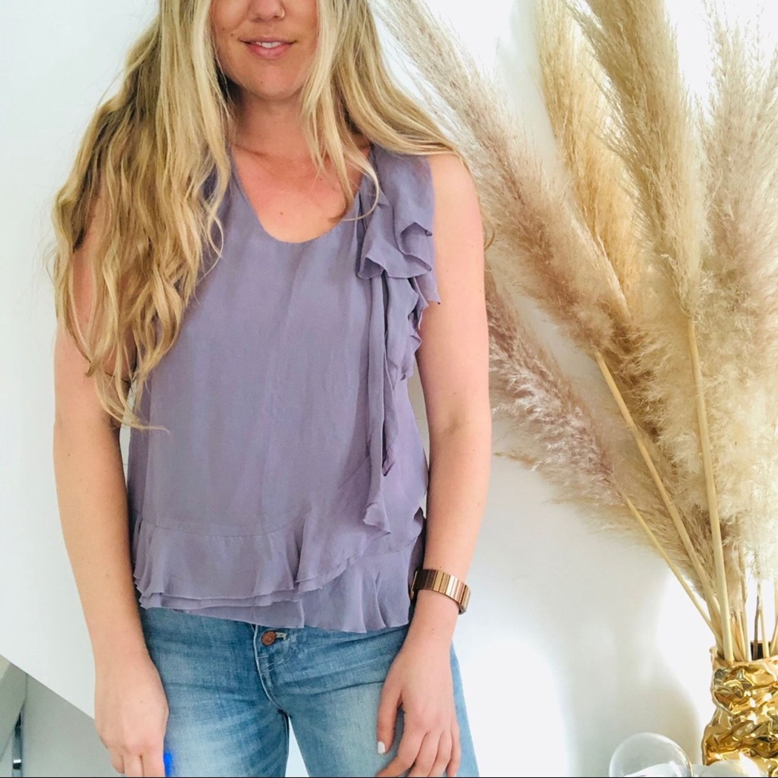 J.Crew J CREW Purple Ruffle Sheer Keyhole Button Silk Tank Blouse Size XS / US 0-2 / IT 36-38 - 6 Thumbnail