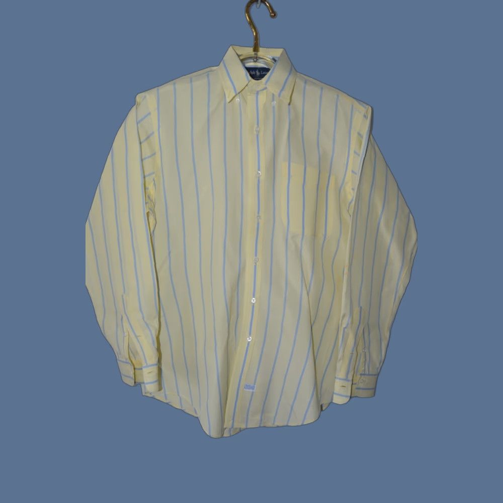 Polo Ralph Lauren VINTAGE Polo Ralph Lauren Shirt Yellow Stripe Long Sleeve Button-Up Collared Cotton Distressed USA 15.5 34 Mens Regular Size US L / EU 52-54 / 3 - 1 Thumbnail