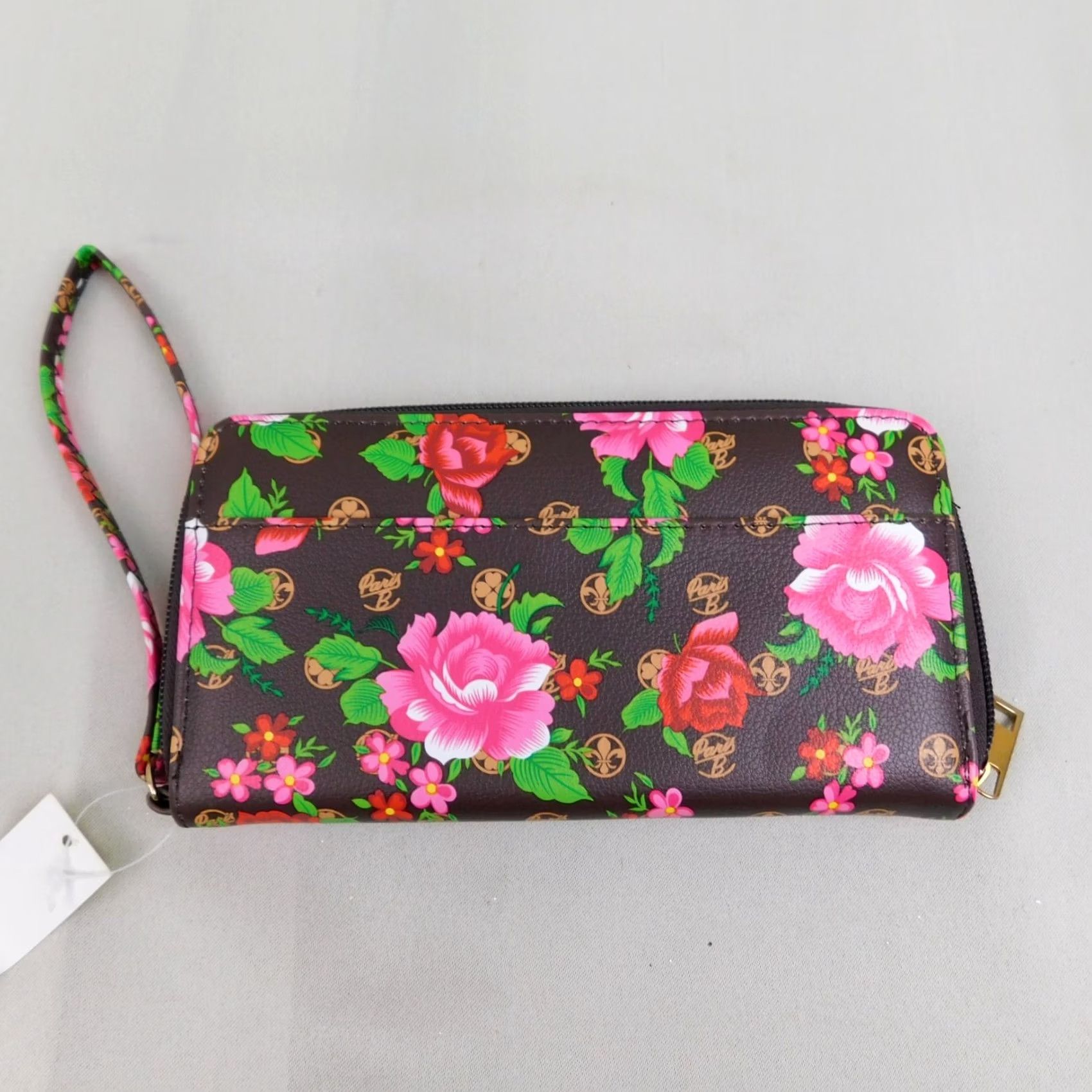 Vintage Paris B Floral Print Logo Zip-Around Wristlet Clutch Wallet - Brown Women's Wallet Zip-Around 7.5" x 4" with Strap and Card Slots Size ONE SIZE - 6 Thumbnail