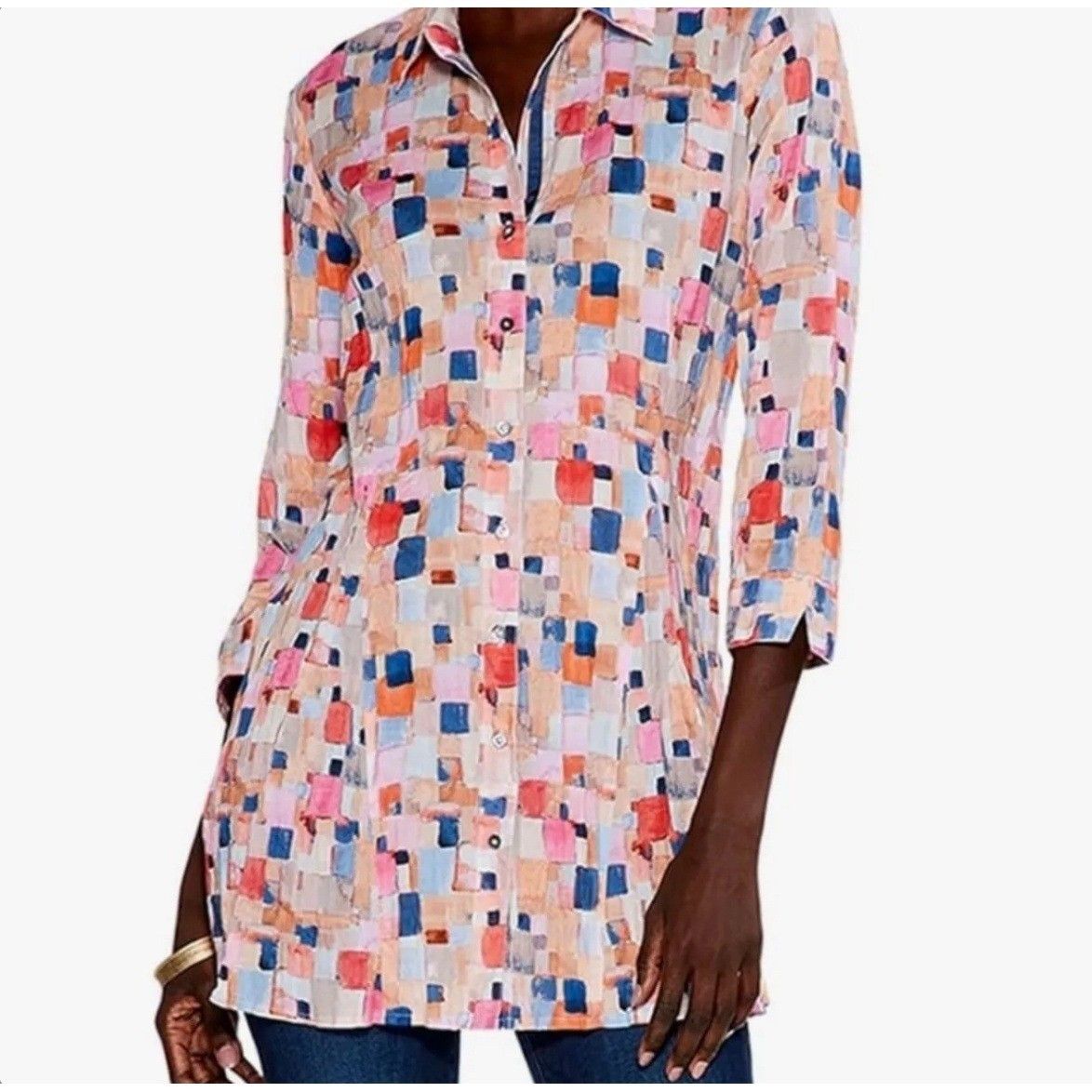 NIC+ZOE NIC+ZOE Watercolor Geometric Button-Front Tunic Top – Size M Size M / US 6-8 / IT 42-44 - 1 Thumbnail