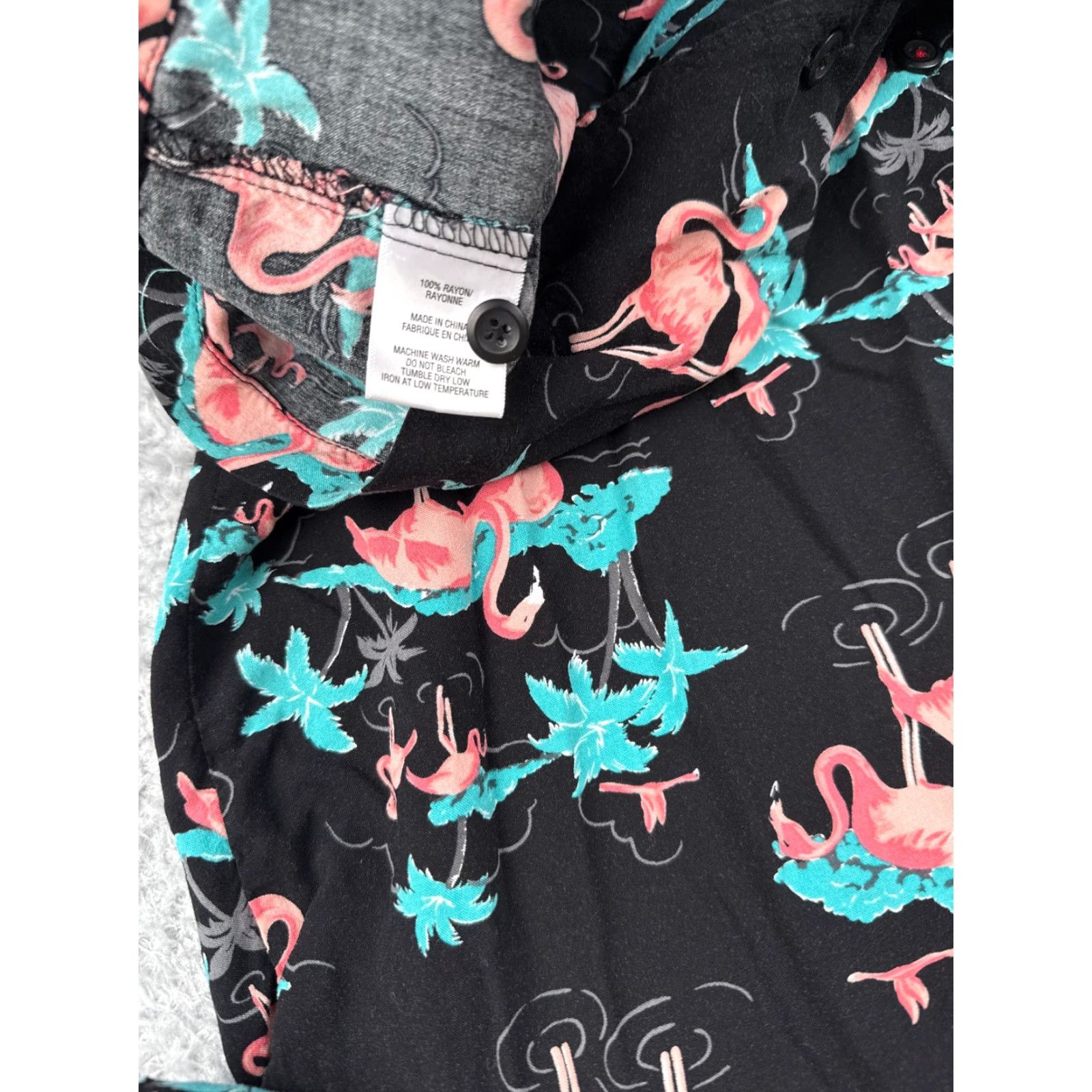 Vintage Kolby Shirt Adult Medium Black Blue Pink Flamingo Palm Tree 100% Rayon Size US M / EU 48-50 / 2 - 7 Thumbnail