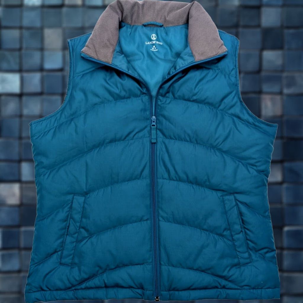Lands' End Lands' End Puffer Vest Men M Down Insulated Teal Blue-Green Solid Short Stand-Up Collar Quilted Jacket/Coat Style (44" Chest) Regular Fit Adult Mens Size US M / EU 48-50 / 2 - 1 Thumbnail