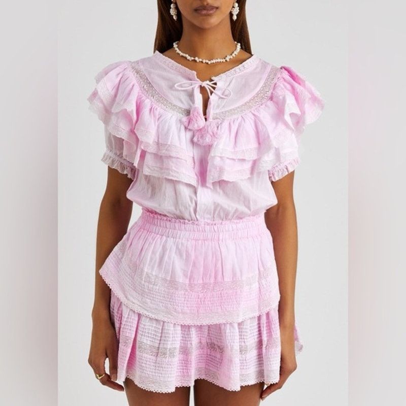 LoveShackFancy LoveShackFancy Women's XL Pink Eyelet Ruffle Mini Dress Size XL / US 12-14 / IT 48-50 - 1 Thumbnail