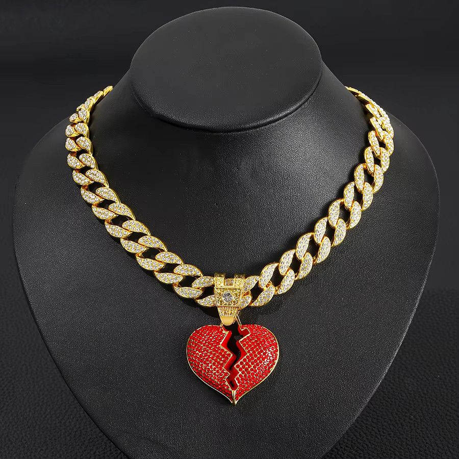 Jewelry 15mm Rhinestone Hip Hop Red Heart Necklace Size ONE SIZE - 1 Preview