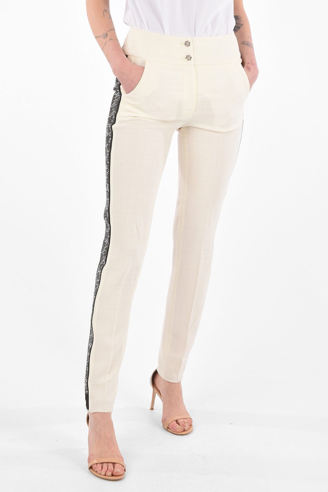 Philipp Plein og1mm0824 Slim Fit Pants With Jewel Profile in Ivory Size 32" / US 10 / IT 46 - 1 Thumbnail