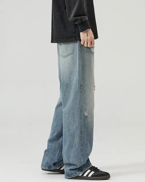 VIBE Men's straight wide-leg vintage washed ripped baggy jeans Size US 32 / EU 48 - 5 Thumbnail