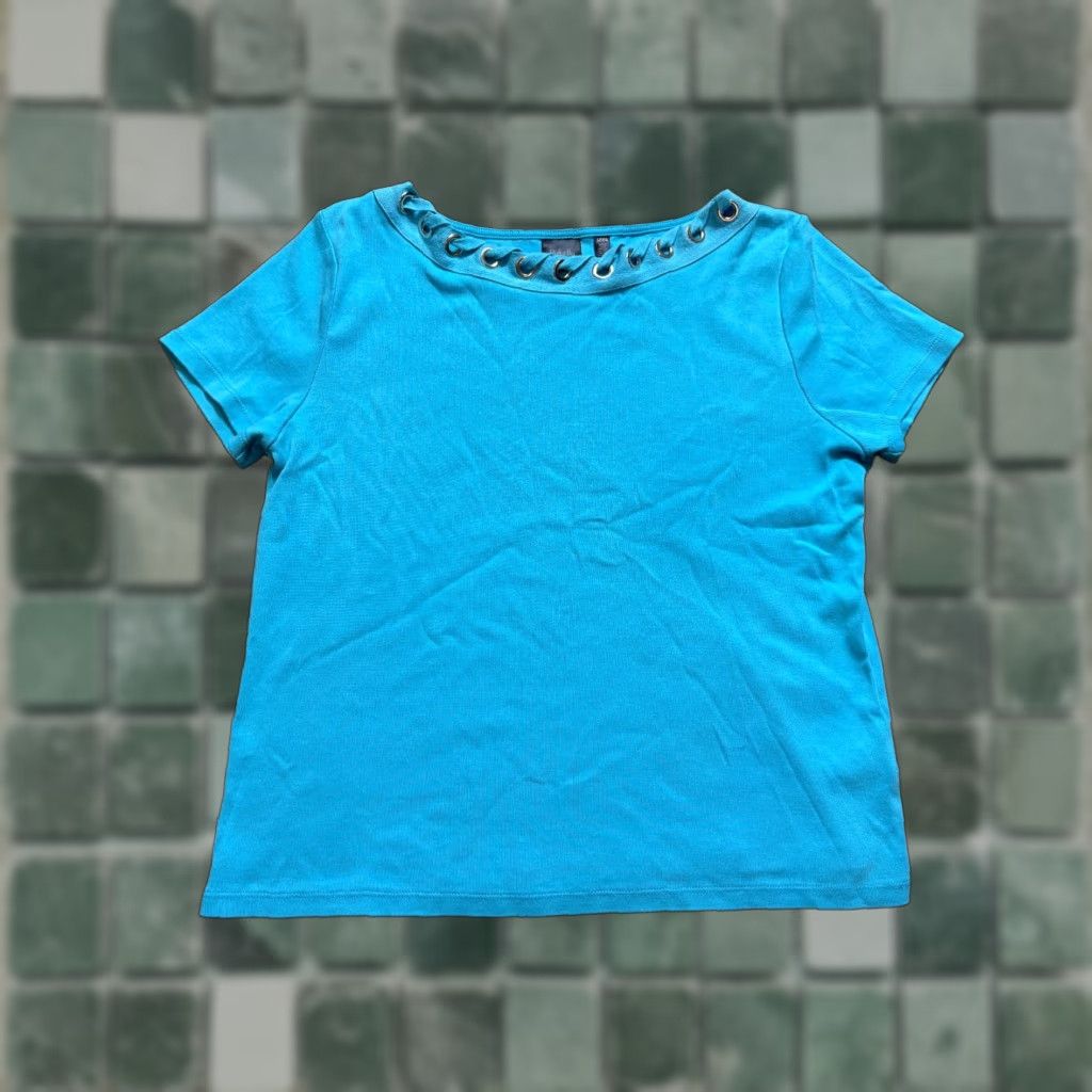 Vintage Rafaella Top Womens L P Blue Short Sleeve Cotton Shirt Petite Large Size L / US 10 / IT 46 - 1 Thumbnail