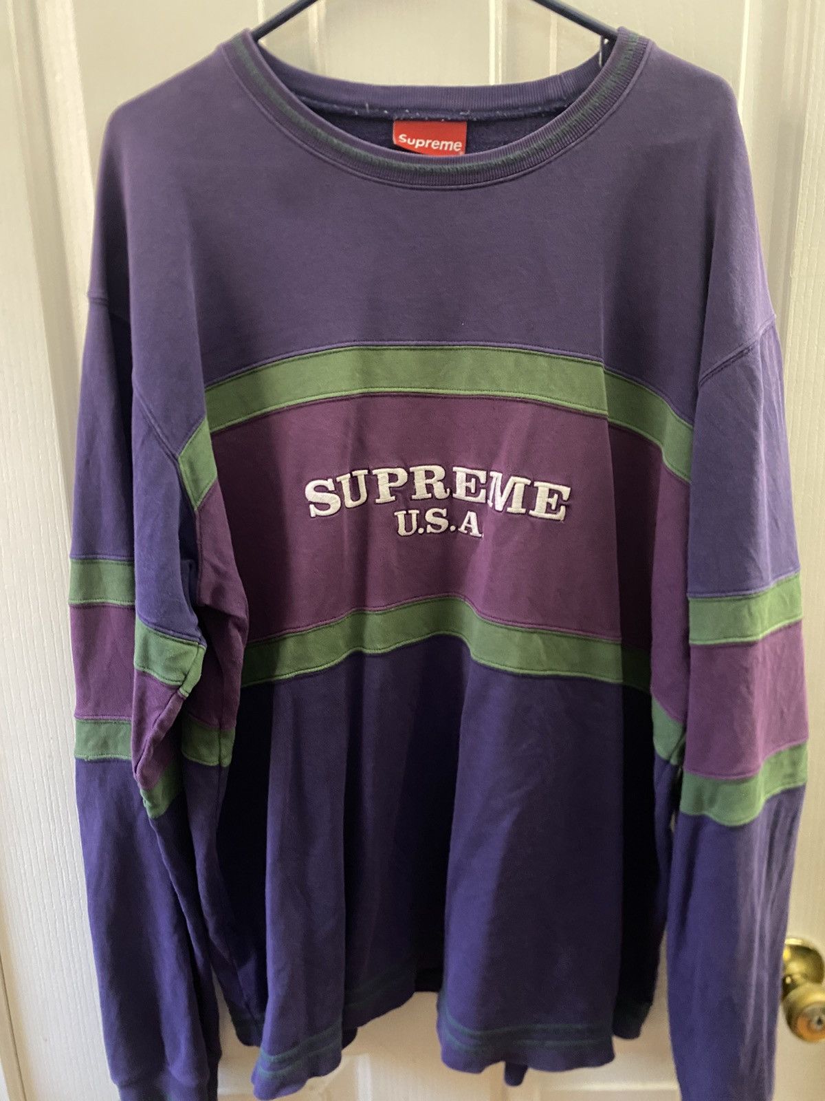 Supreme Purple Center Stripe Crewneck Size US XL / EU 56 / 4 - 1 Thumbnail