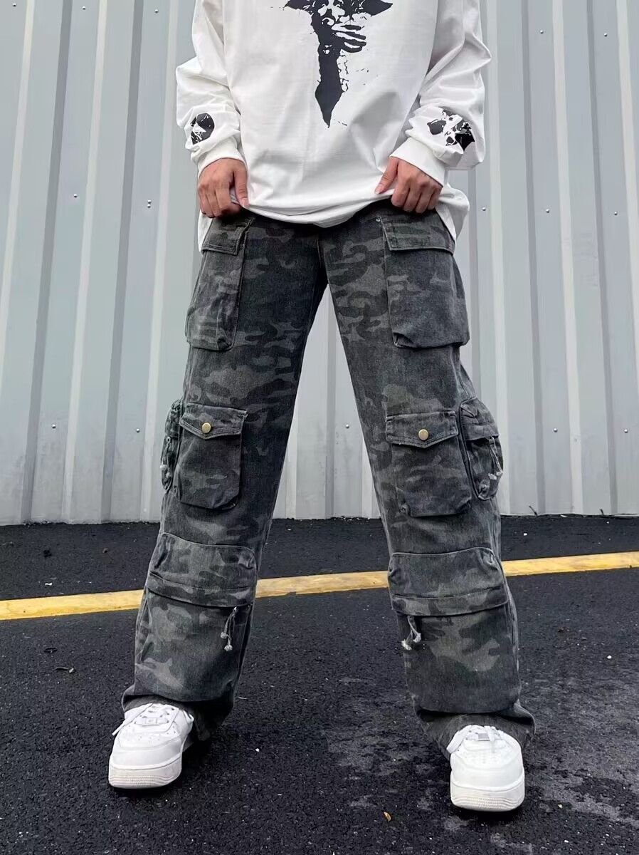 Street distressed camouflage multi-pocket wide-leg jeans