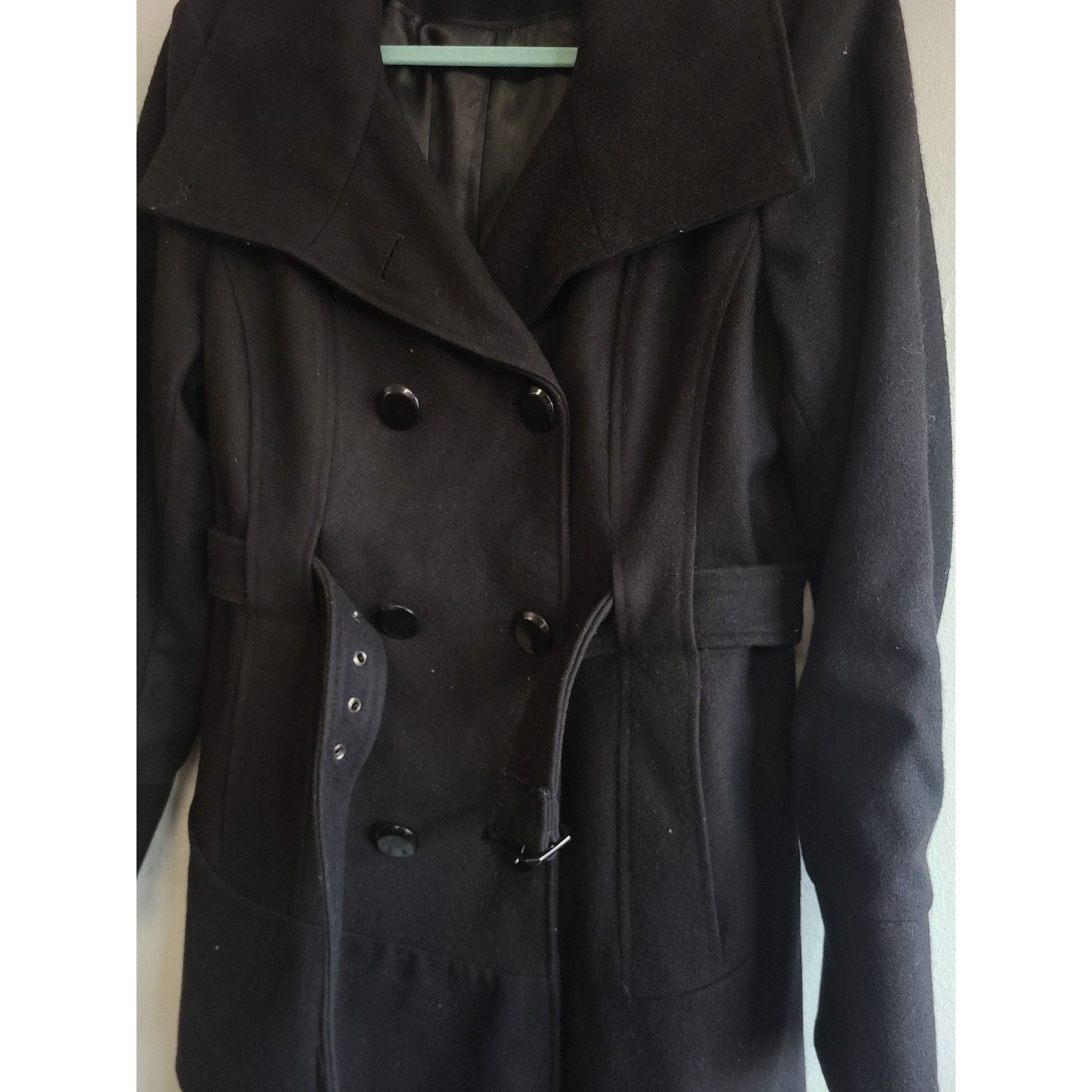 Worthington Women's large wool blend belted pea coat black Size L / US 10 / IT 46 - 3 Thumbnail