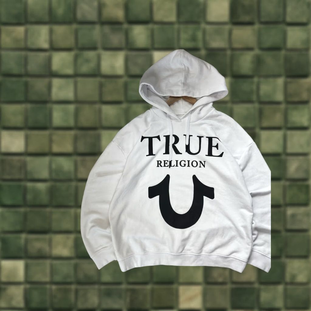 True Religion VINTAGE True Religion Hoodie Mens L White Logo 90s Y2K Big Logo Pullover Crew Neck Streetwear Fashion Classic City Hip Hop USA Italy Modest Care Size US L / EU 52-54 / 3 - 1 Thumbnail