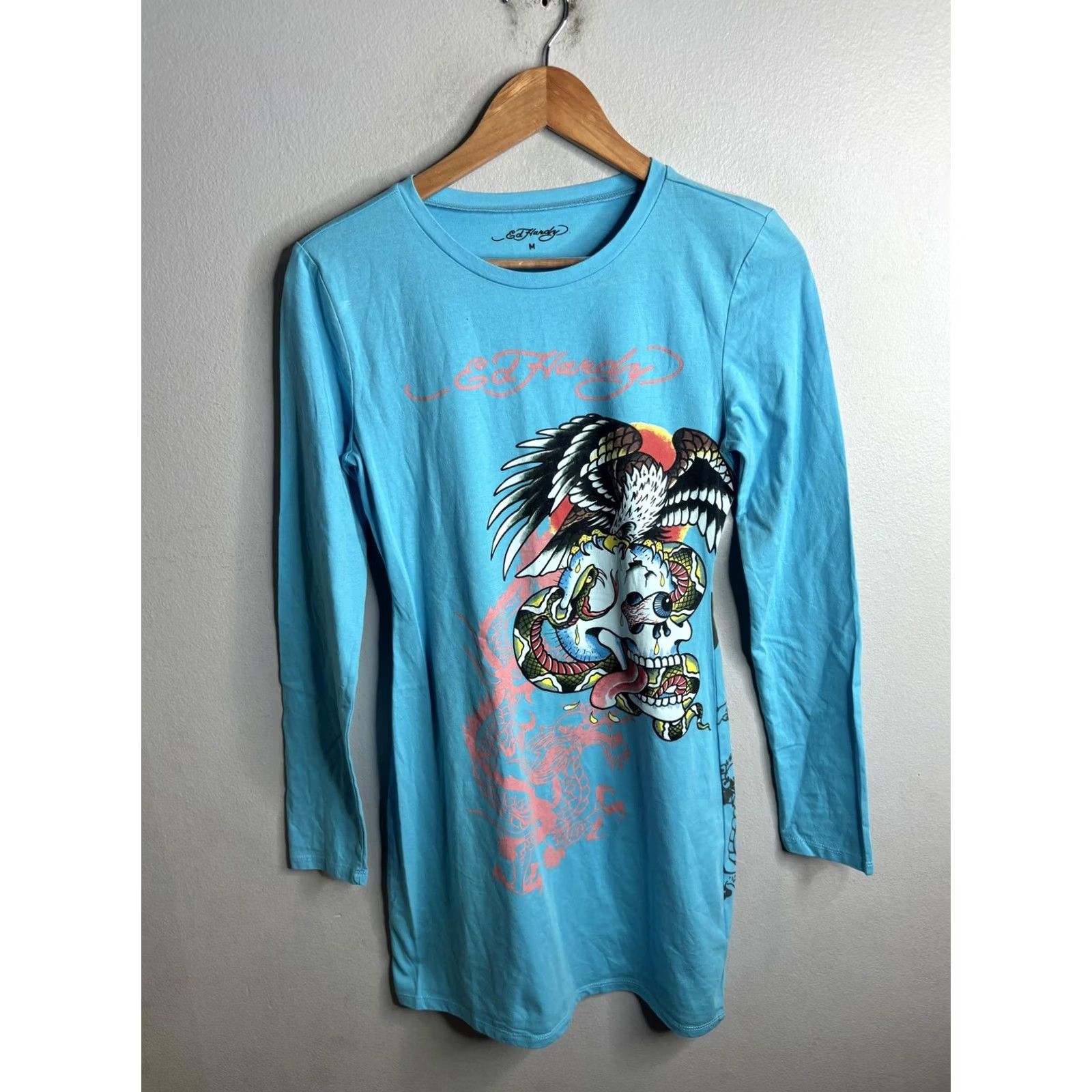 Ed Hardy Ed Hardy T-Shirt Dress Womens M Blue Long Sleeve Tattoo Skull Dragon Size M / US 6-8 / IT 42-44 - 2 Thumbnail