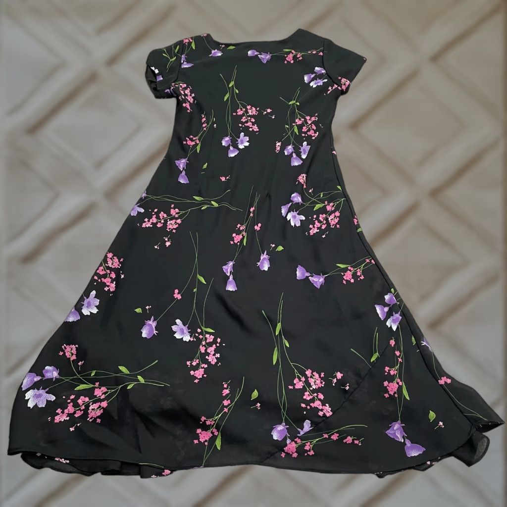 Vintage Premier Midi Maxi A-Line Dress Womens M Black Floral Short Sleeve Chiffon Size 32" / US 10 / IT 46 - 1 Thumbnail