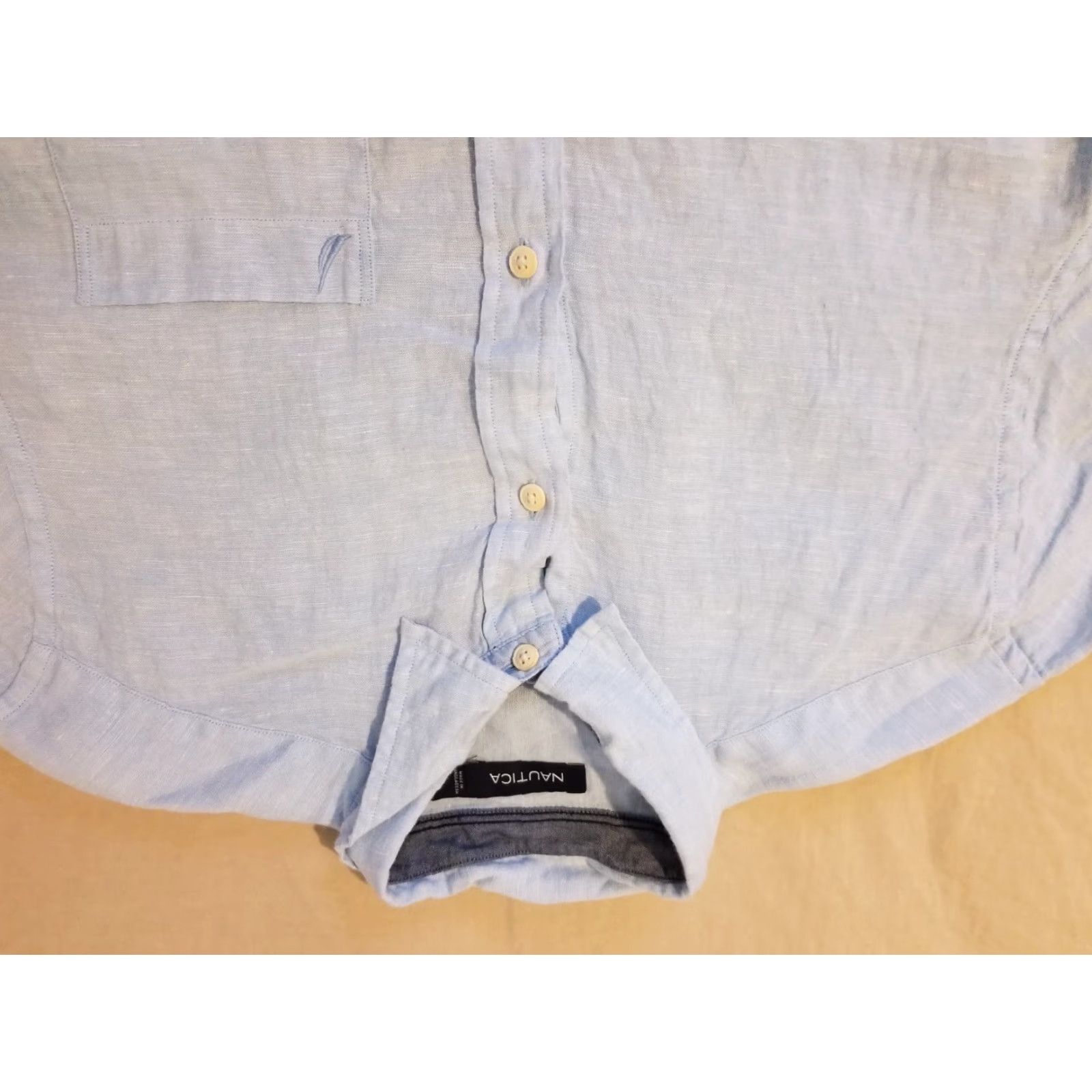 Nautica Nautica Mens Linen Dress Shirt M Medium Blue Button Cold? Size 40R - 2 Thumbnail