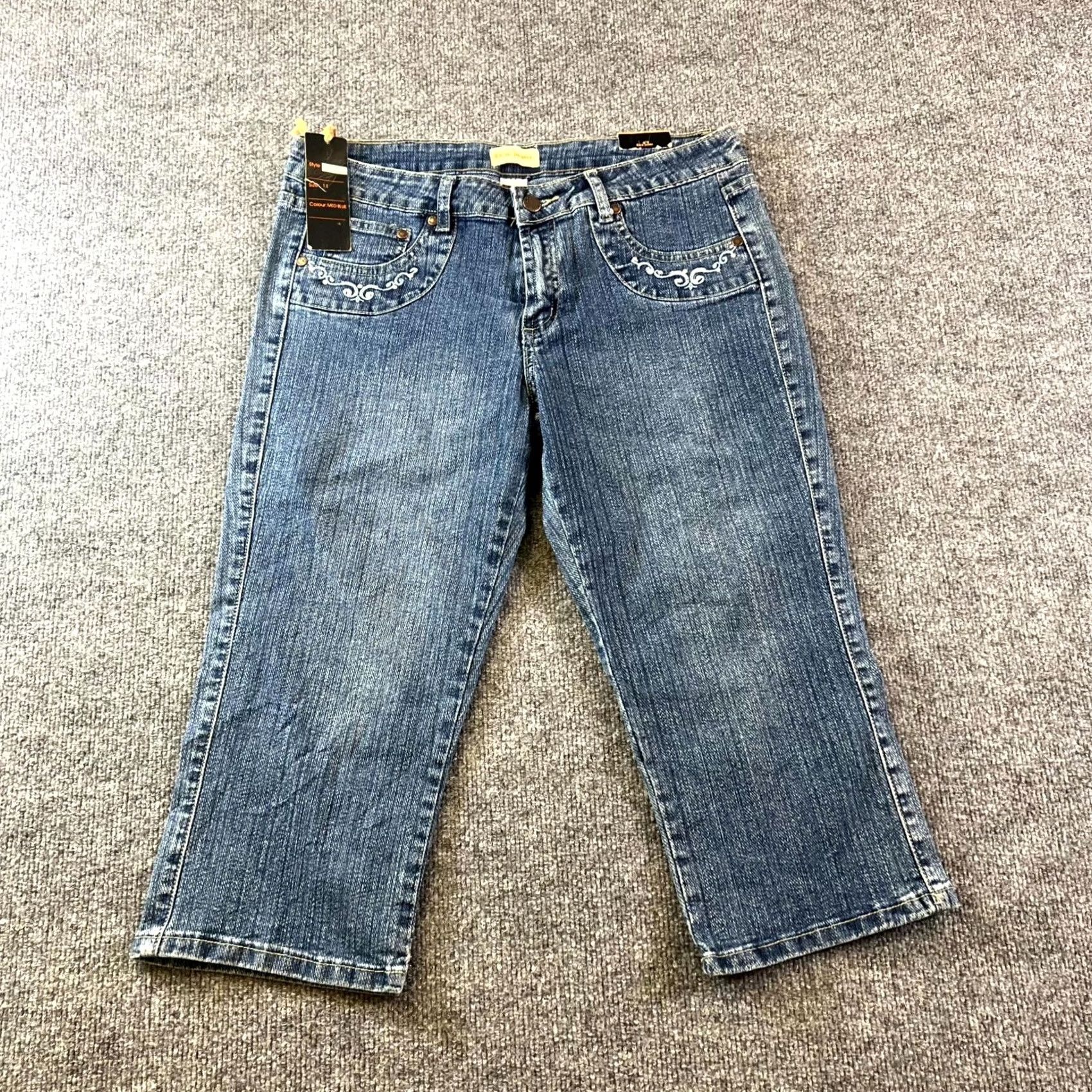 Vintage Rico Capri Jeans Women's 11 Blue Cotton Denim Workwear Embroidered Stretch Capris Size 34" / US 12 / IT 48 - 2 Thumbnail