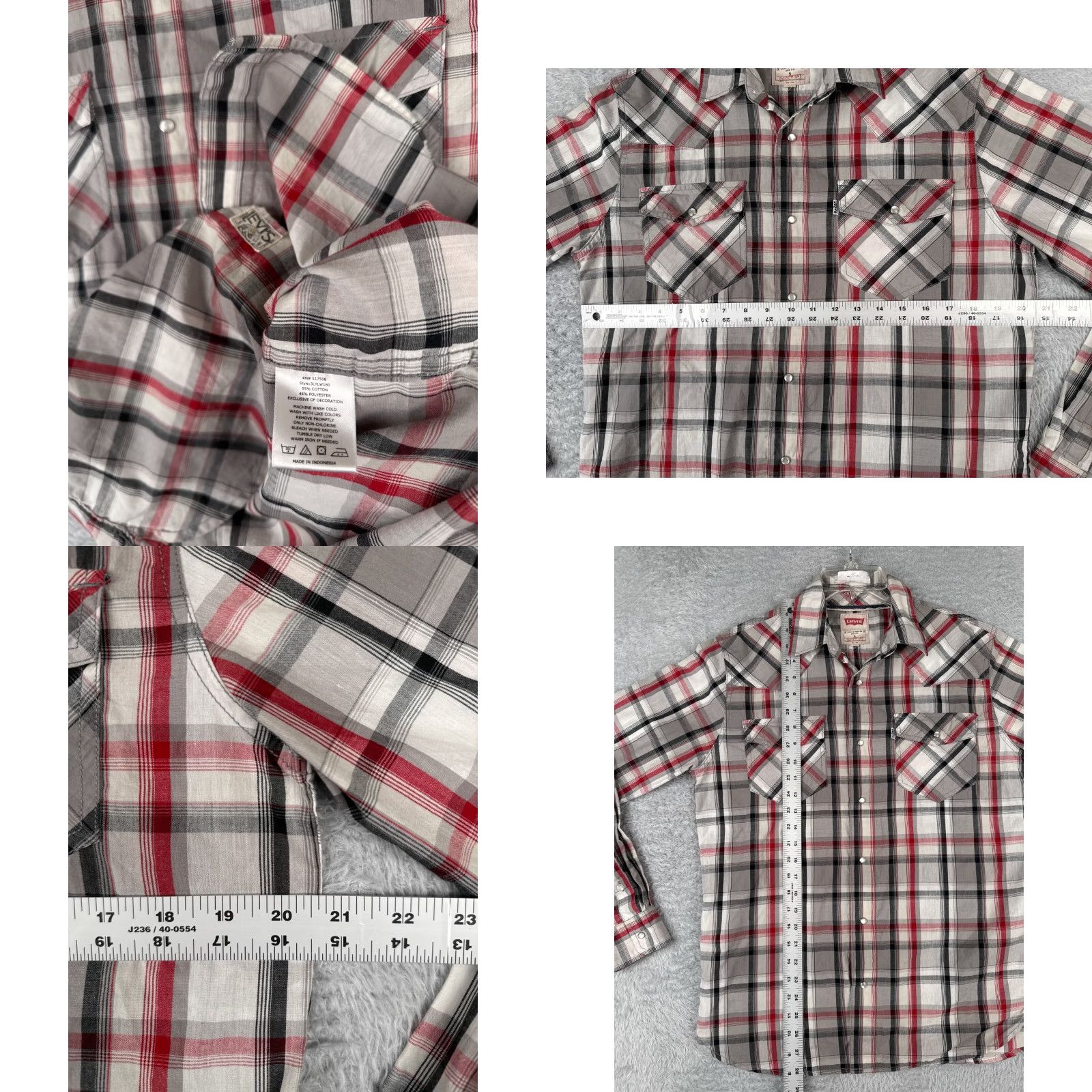 Levi's VINTAGE Levis Shirt Mens Small Gray Red Plaid Solid Pearl Snap Long Sleeve Cotton READ Size US S / EU 44-46 / 1 - 8 Thumbnail