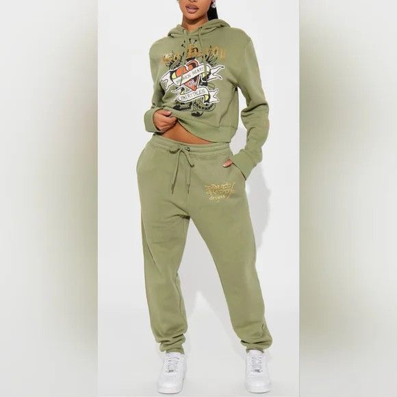 Ed Hardy Broken Hearts Sage Sweatsuit Coord Set Lounge Retro Y2K Size ONE SIZE - 7 Thumbnail
