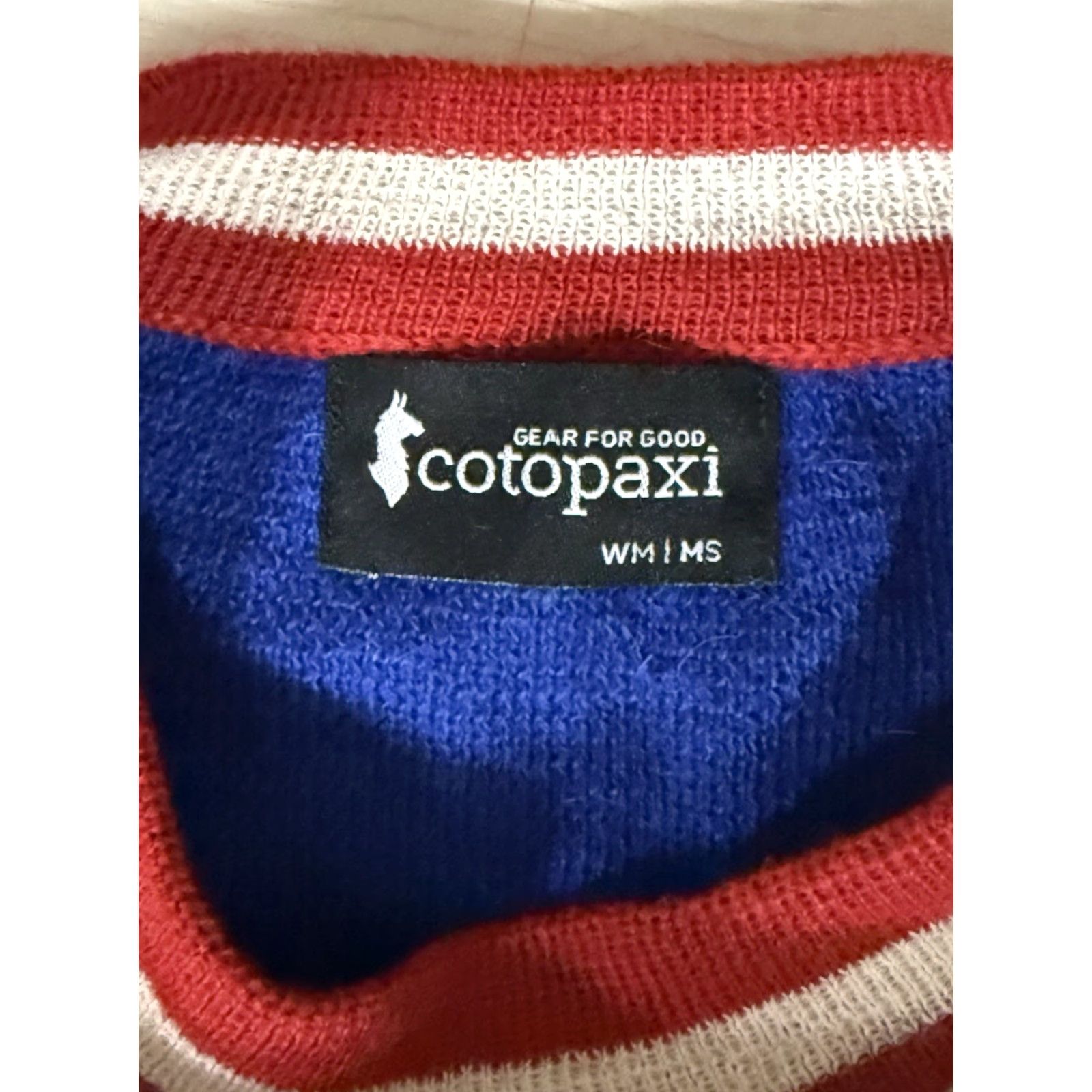 Cotopaxi Sweater Wool Logo Pullover Unisex Adults M Multicolor Outdoor Hike Climb Men’s Women’s Medium Small Snags Holes Well Loved Condition