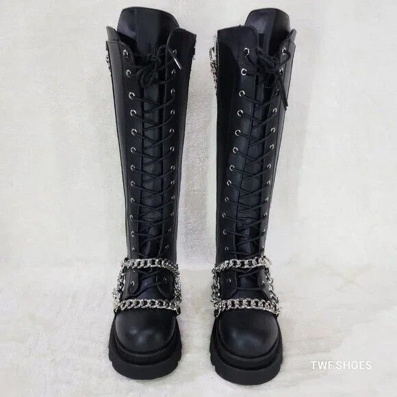 Demonia Cult DEMONIA Renegade Draped Chain Combat Knee High Boots Goth Pu Size US 6 / IT 36 - 5 Thumbnail