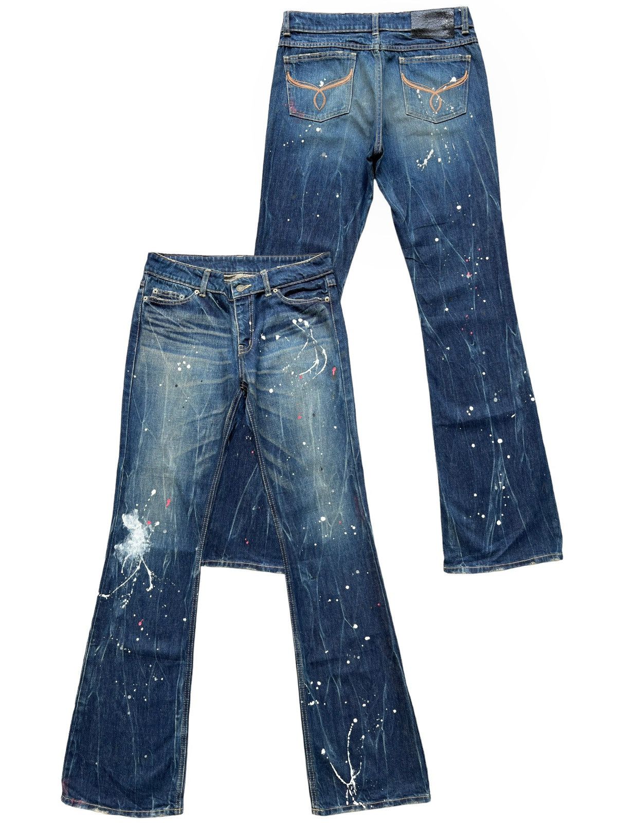 image of Distressed Denim Japanese Splattered Splashes Paint Flare Denim Jeans 32X35 in Denim Blue, Men's