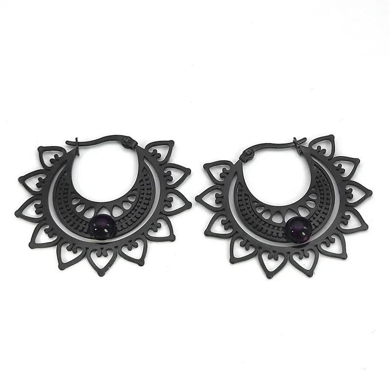 Jewelry Victorian Gothic Black Flower Hoop Earrings Jewelry Gift Size ONE SIZE - 1 Thumbnail
