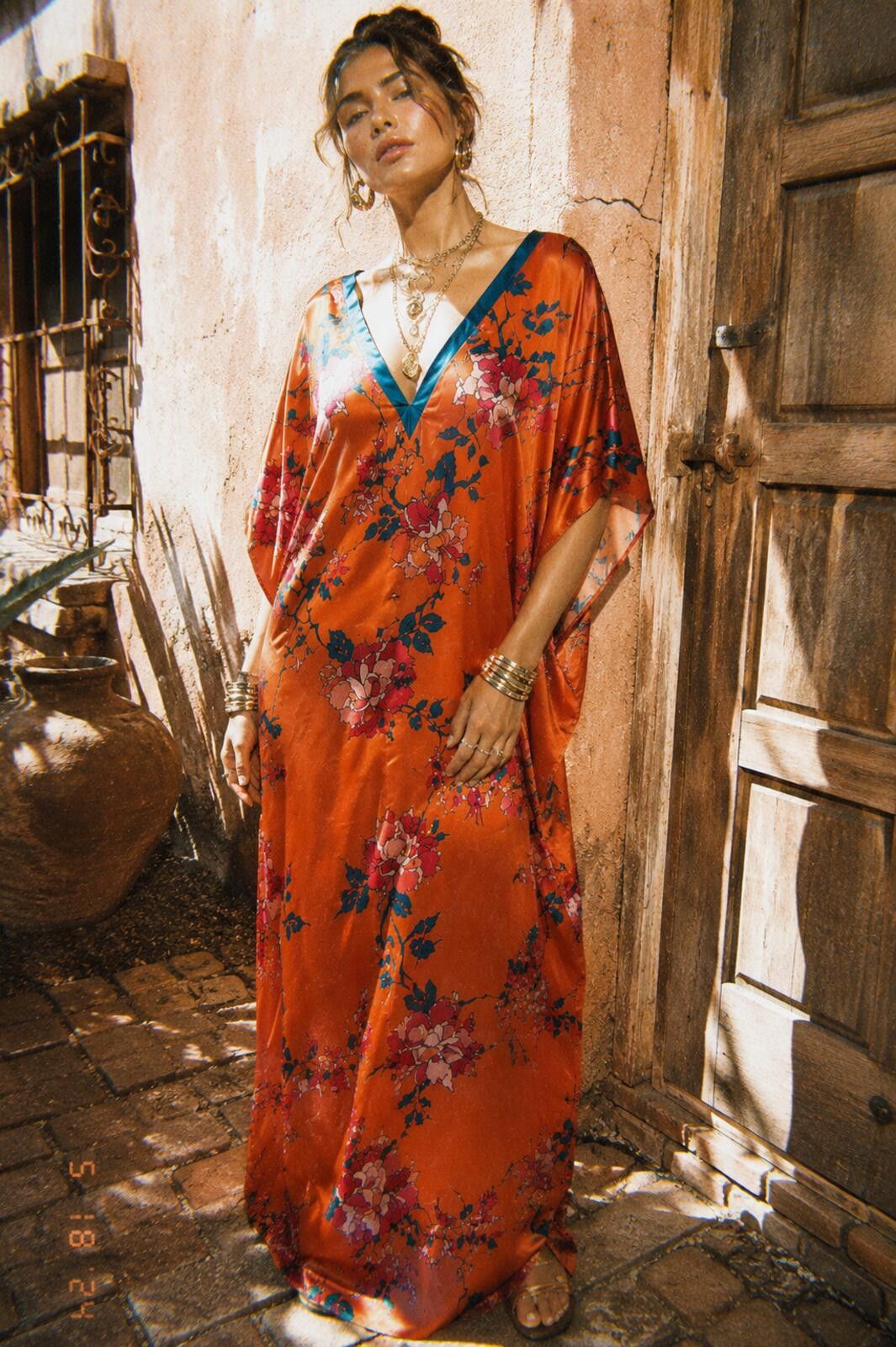 Other Orange Satin Floral Caftan Maxi Dress OS Size ONE SIZE - 1 Thumbnail