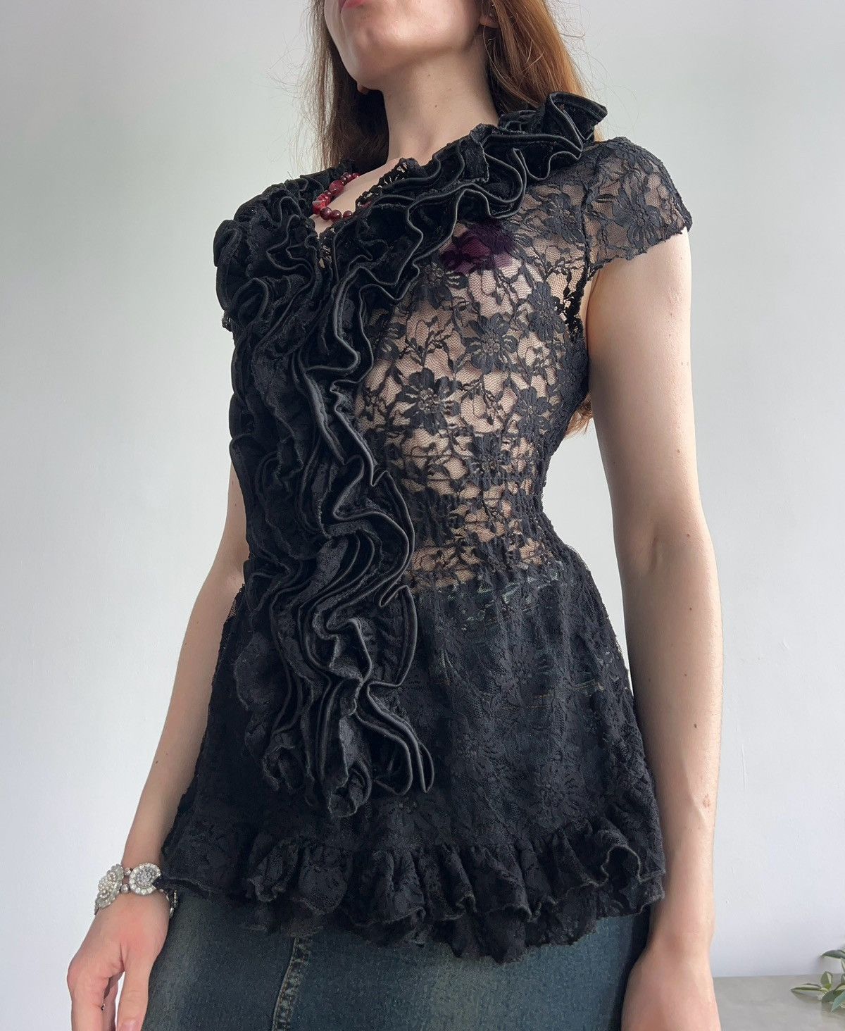 Vintage Vintage amazing sheer black floral gothic top , Y2K , ruffle Size S / US 4 / IT 40 - 1 Thumbnail